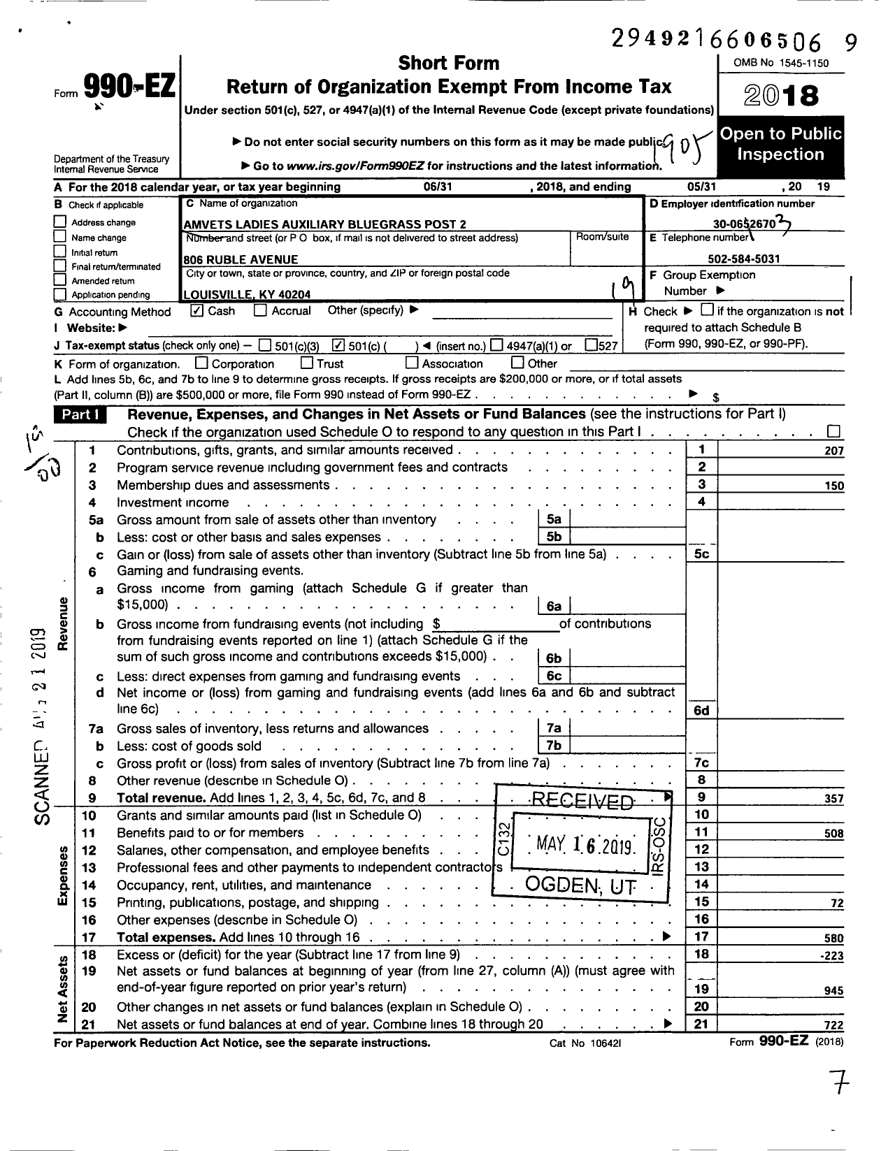 Image of first page of 2018 Form 990EO for Amvets Ladies Auxiliary Bluegrass Post 2