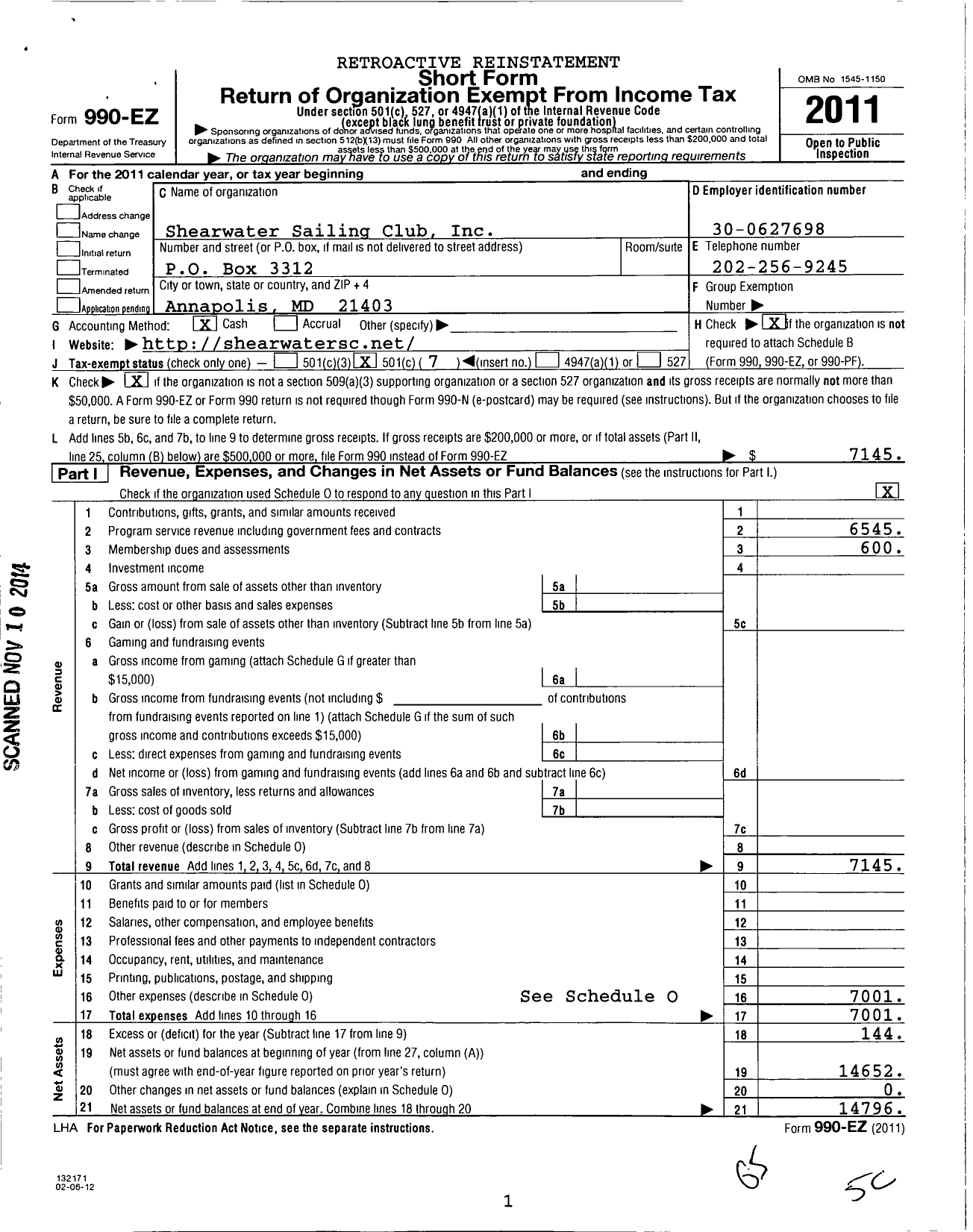 Image of first page of 2011 Form 990EO for Shearwater Sailing Club