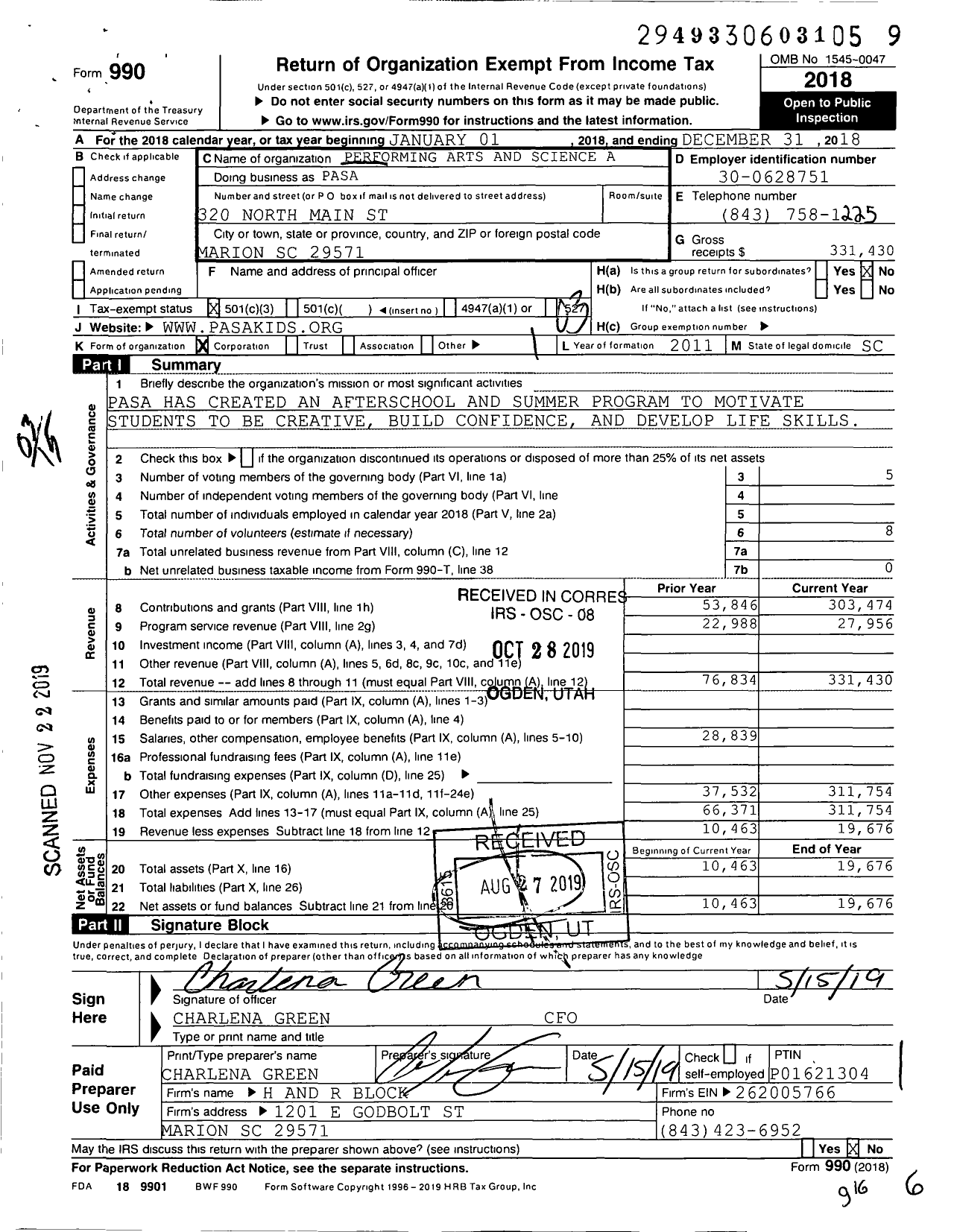 Image of first page of 2018 Form 990 for Performing Arts and Science Academy (PASA)