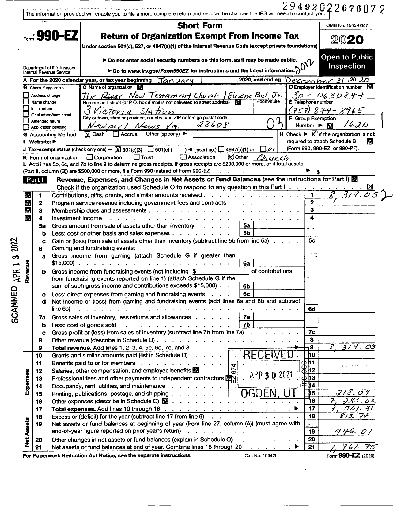 Image of first page of 2020 Form 990EZ for River New Testament Church Eugene Bal JR