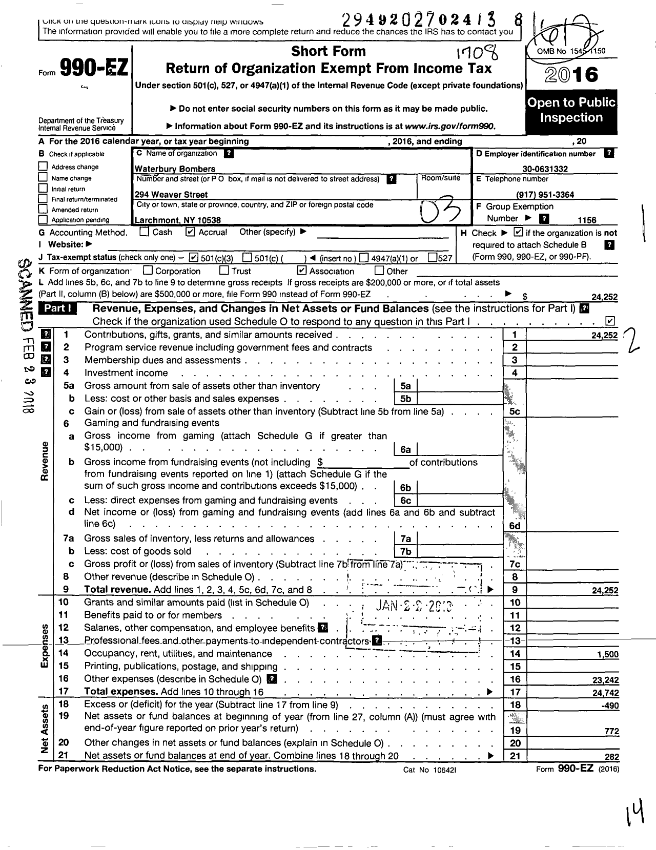 Image of first page of 2016 Form 990EZ for Amateur Athletic Union - Waterbury Bombers