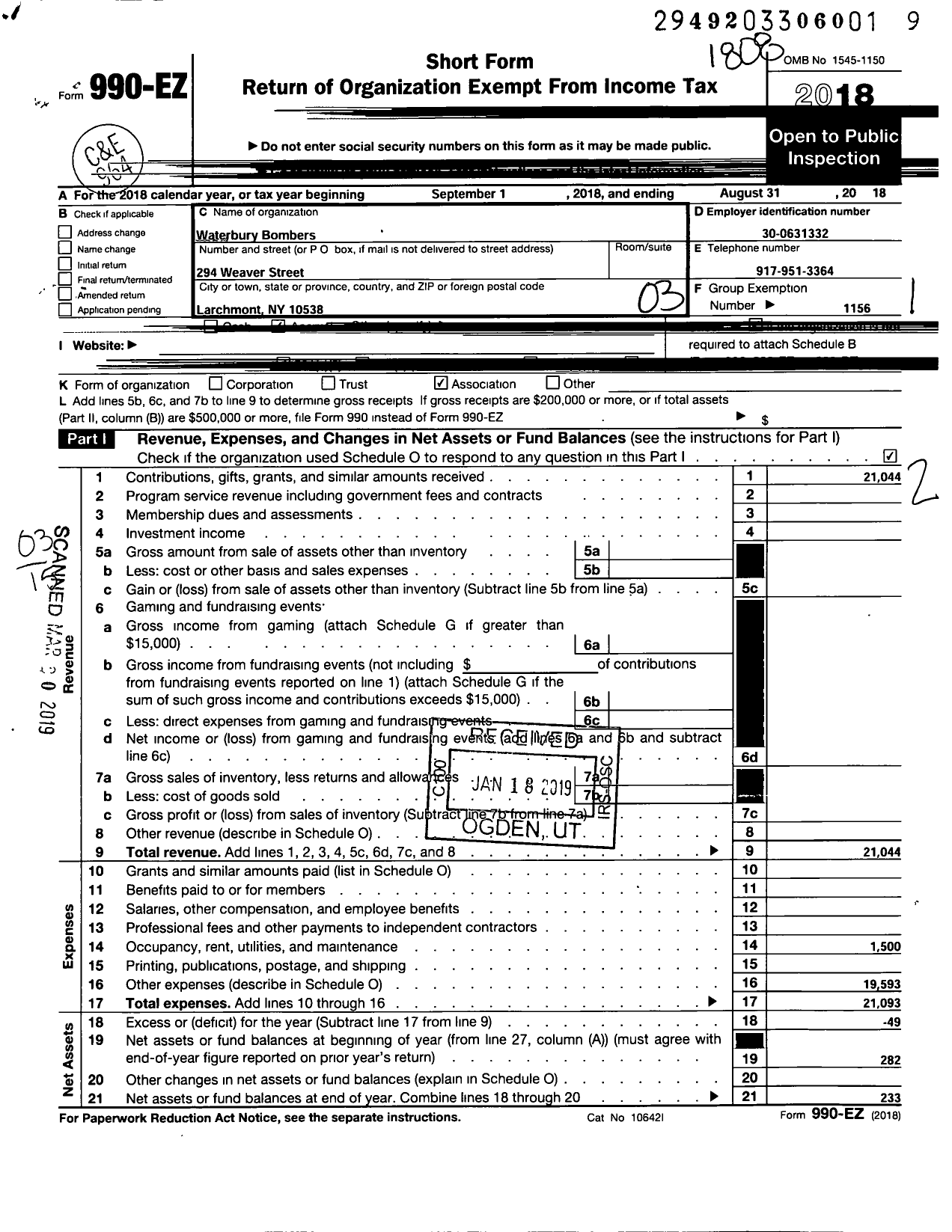 Image of first page of 2017 Form 990EZ for Amateur Athletic Union - Waterbury Bombers