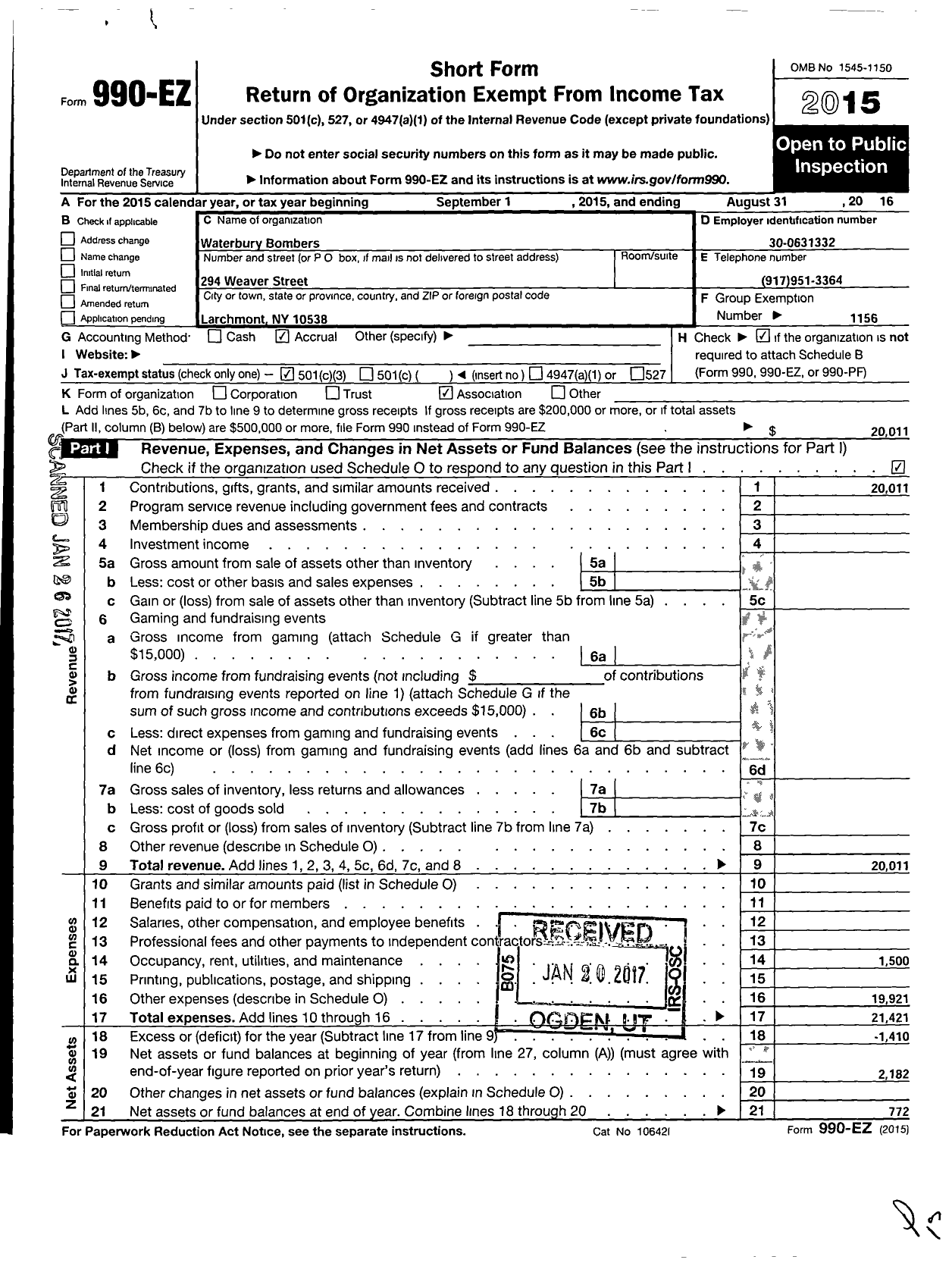 Image of first page of 2015 Form 990EZ for Amateur Athletic Union - Waterbury Bombers