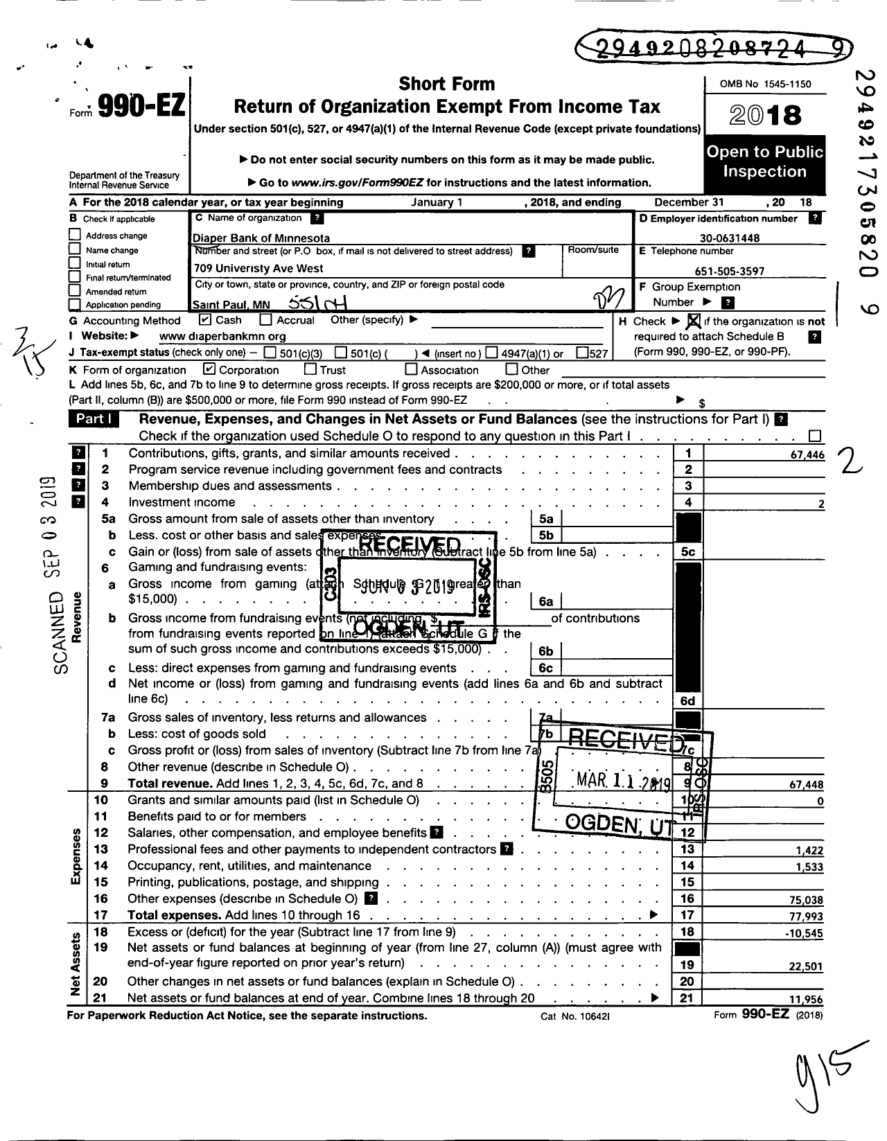 Image of first page of 2018 Form 990EZ for Diaper Bank of Minnesota