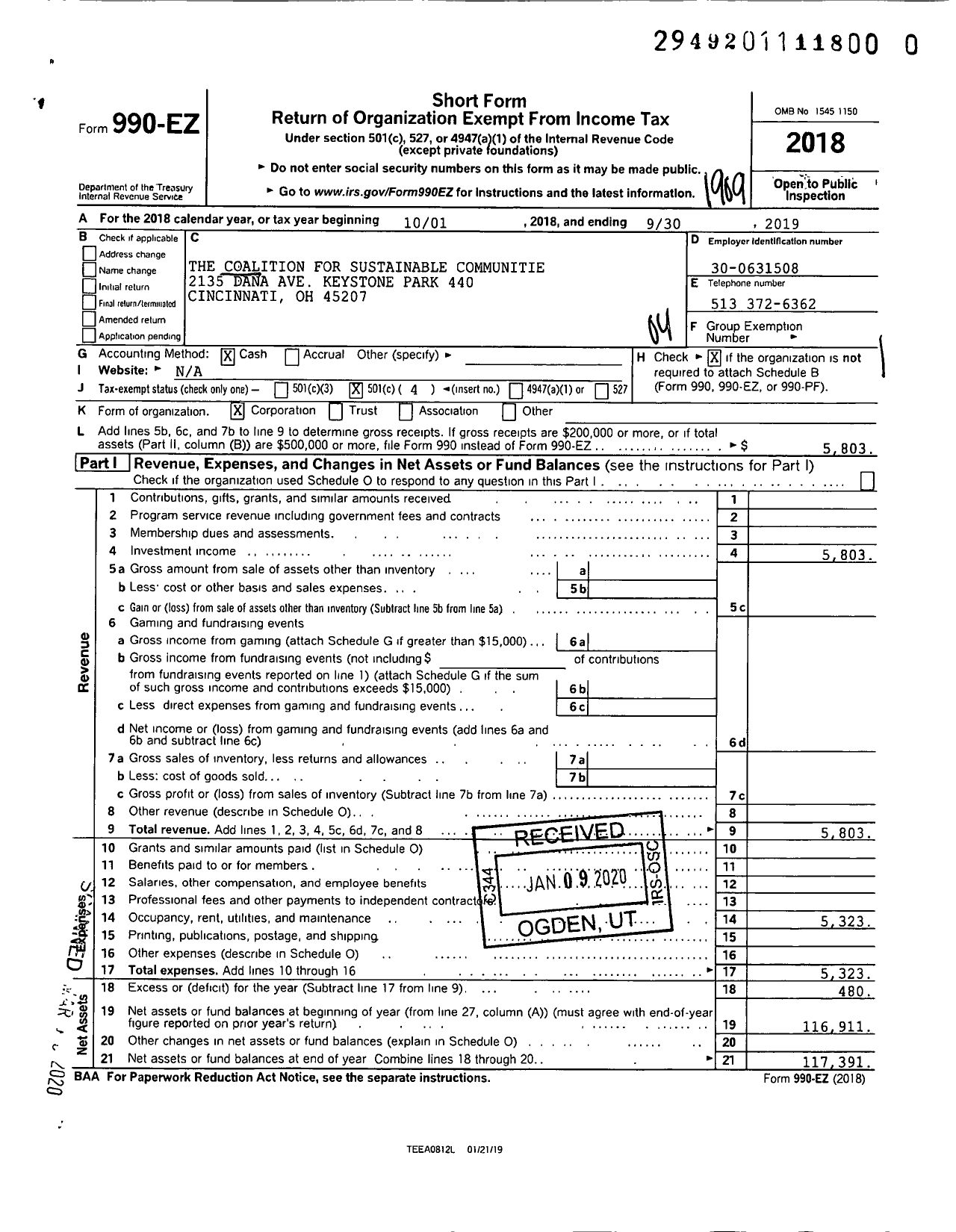 Image of first page of 2018 Form 990EO for The Coalition for Sustainable Communities