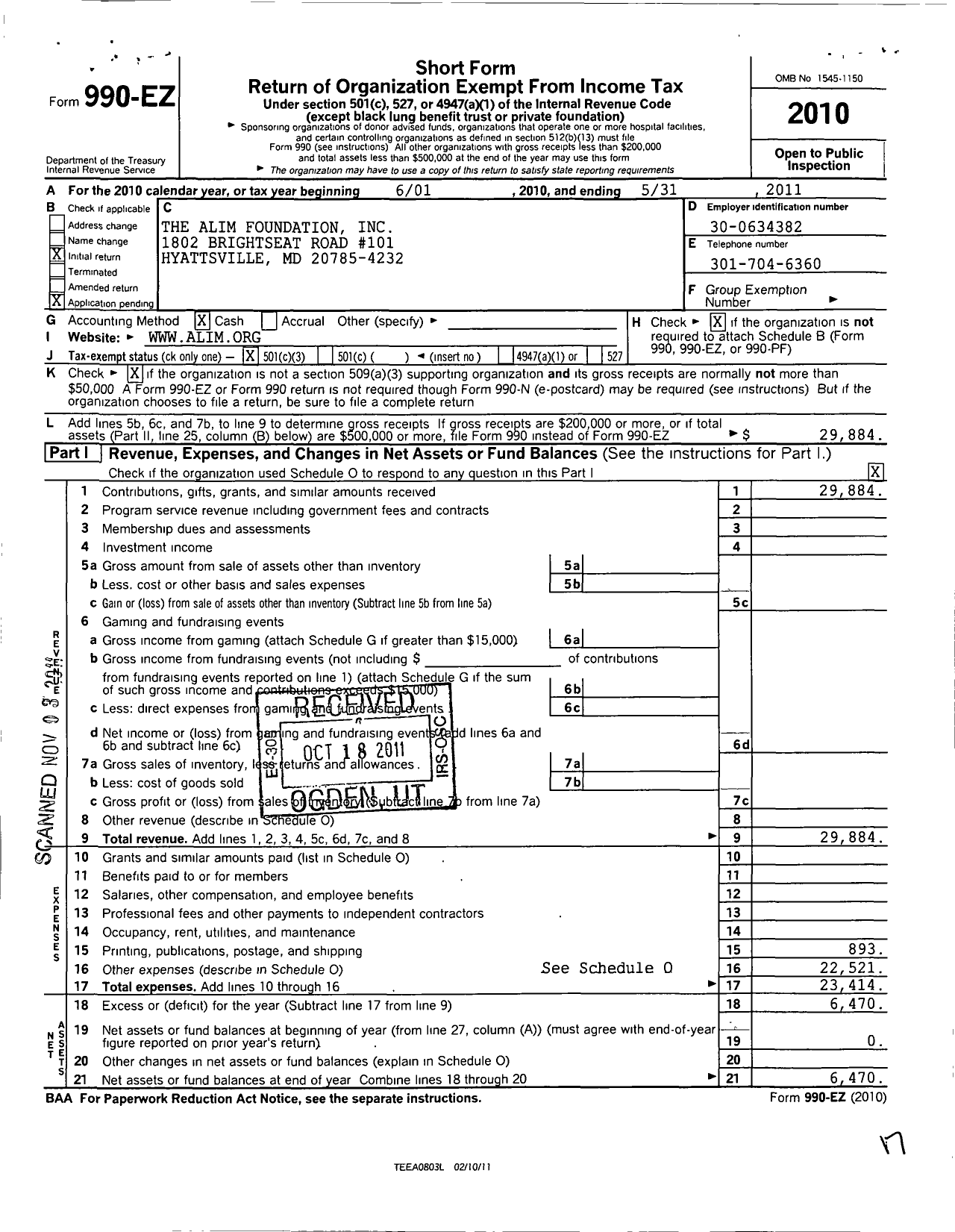 Image of first page of 2010 Form 990EZ for Alim Foundation