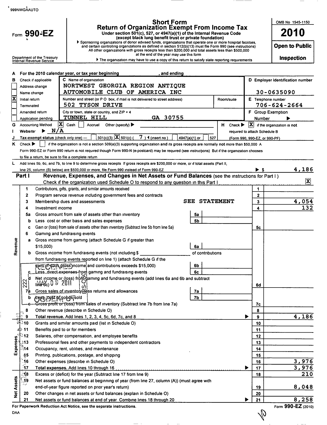 Image of first page of 2010 Form 990EO for Northwest Georgia Region Antique Automobile Club of America