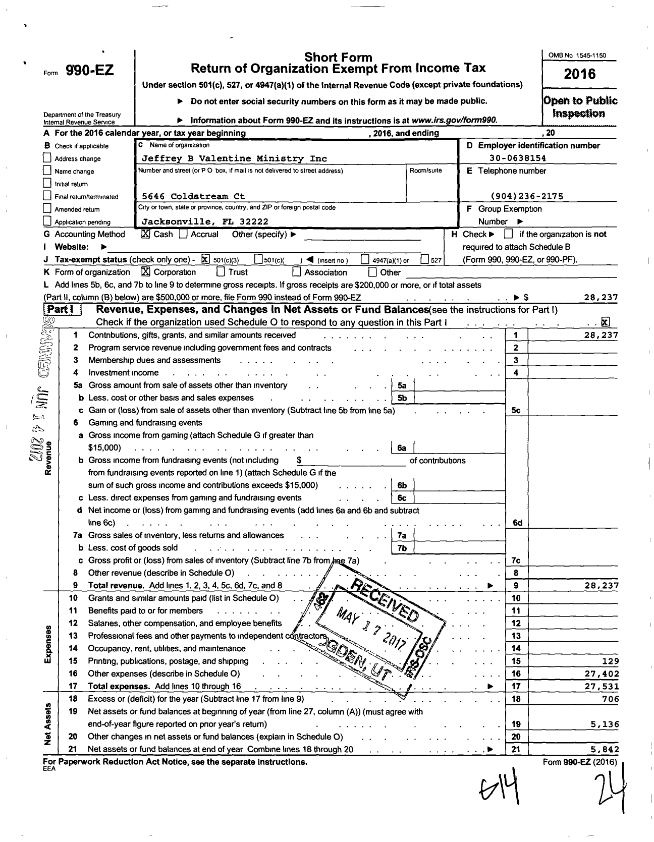 Image of first page of 2016 Form 990EZ for Jeffrey B Valentine Ministry