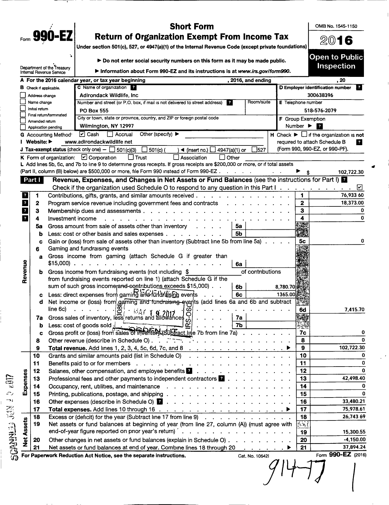 Image of first page of 2016 Form 990EO for Adirondack Wildlife