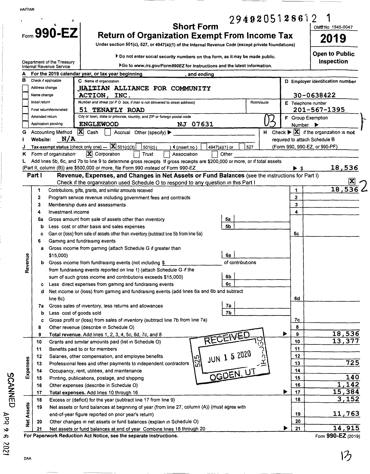 Image of first page of 2019 Form 990EZ for Haitian Alliance for Community Action