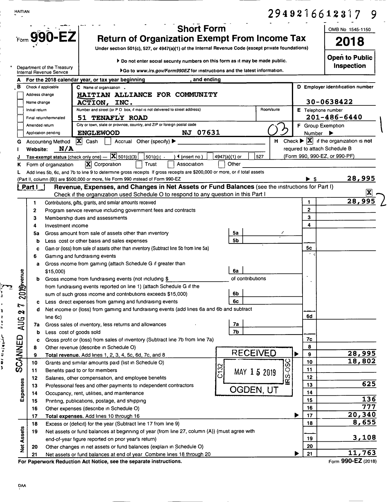 Image of first page of 2018 Form 990EZ for Haitian Alliance for Community Action