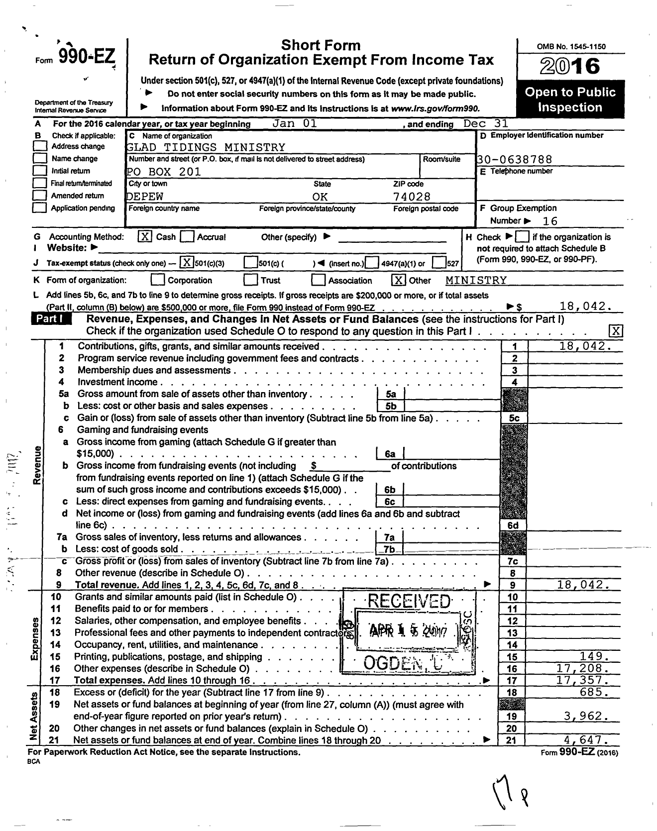 Image of first page of 2016 Form 990EZ for Glad Tidings Ministries Incorporated