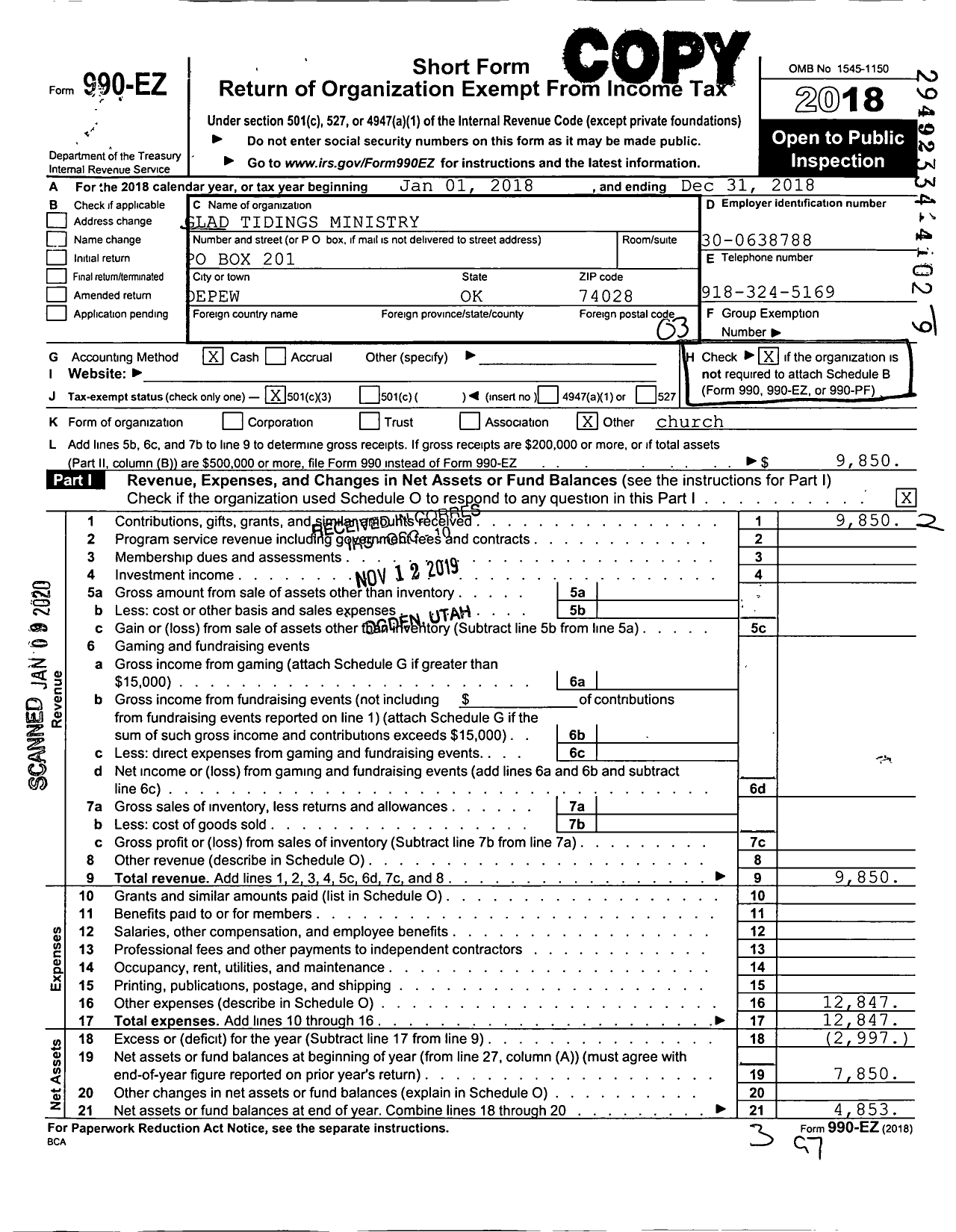 Image of first page of 2018 Form 990EZ for Glad Tidings Ministries Incorporated