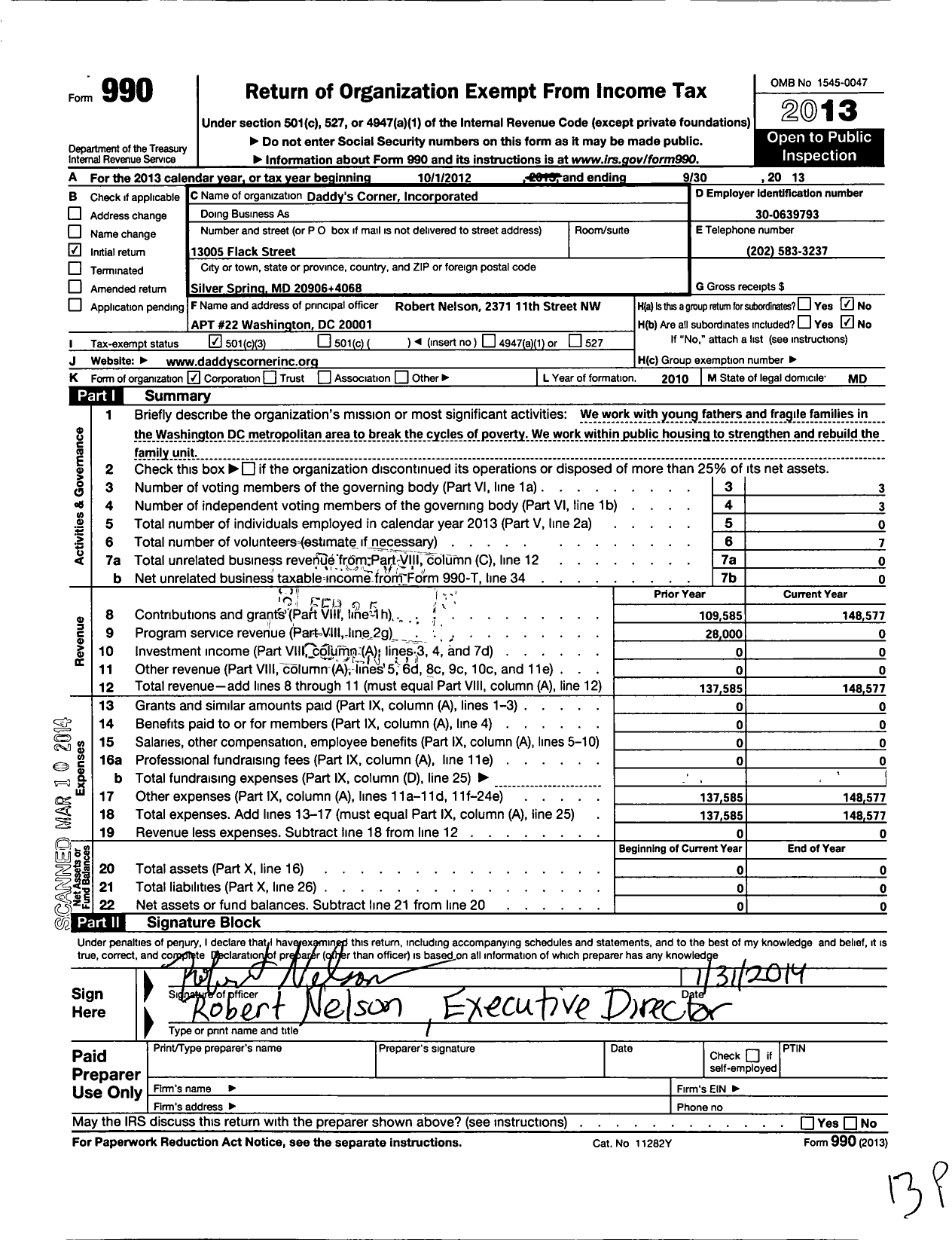 Image of first page of 2012 Form 990 for Daddys Corner Incorporated