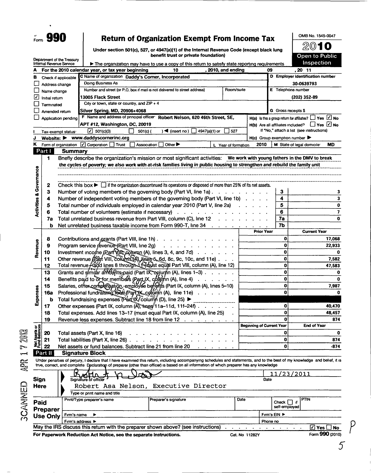 Image of first page of 2010 Form 990 for Daddys Corner Incorporated