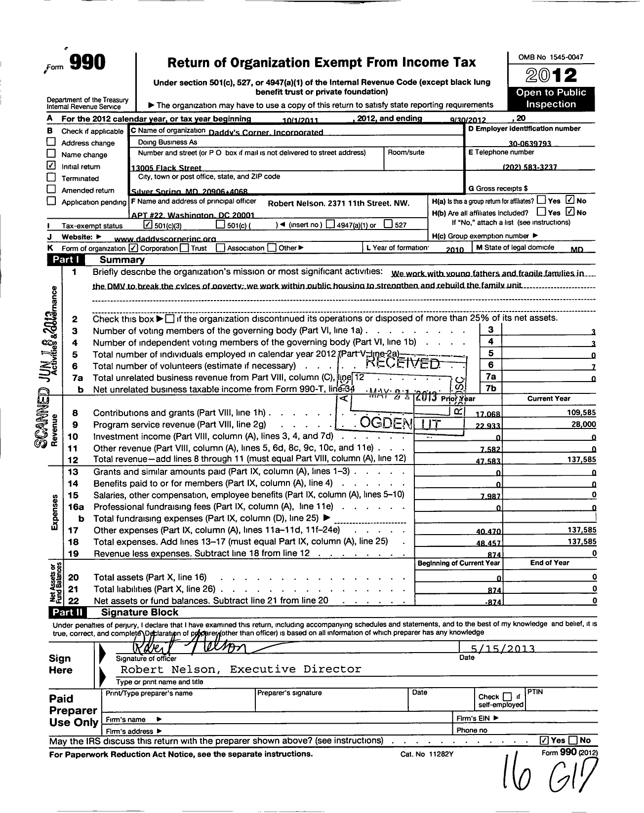 Image of first page of 2011 Form 990 for Daddys Corner Incorporated