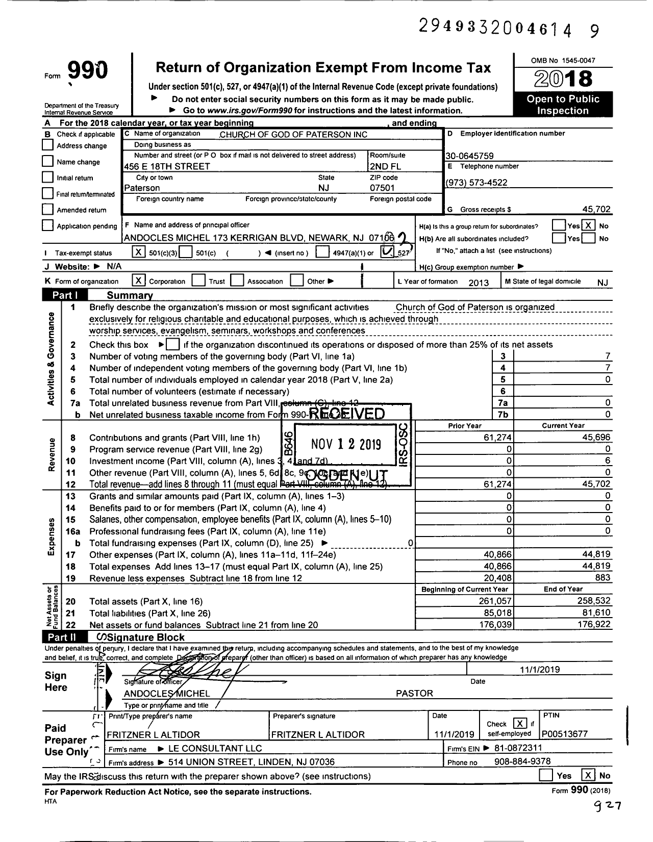 Image of first page of 2018 Form 990 for Church of God of Paterson