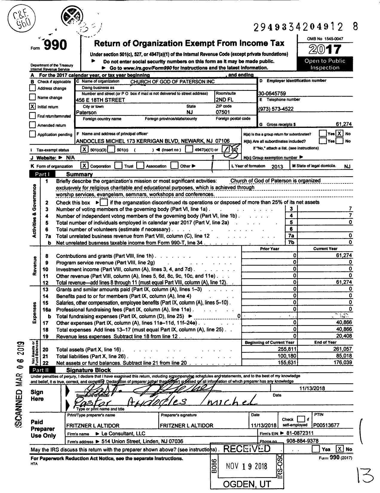 Image of first page of 2017 Form 990 for Church of God of Paterson