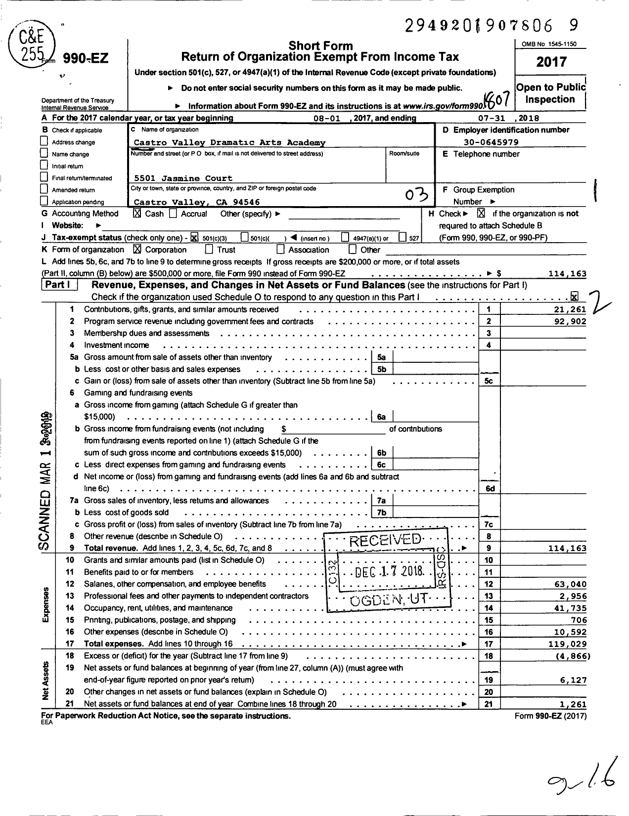 Image of first page of 2017 Form 990EZ for Castro Valley Dramatic Arts Academy