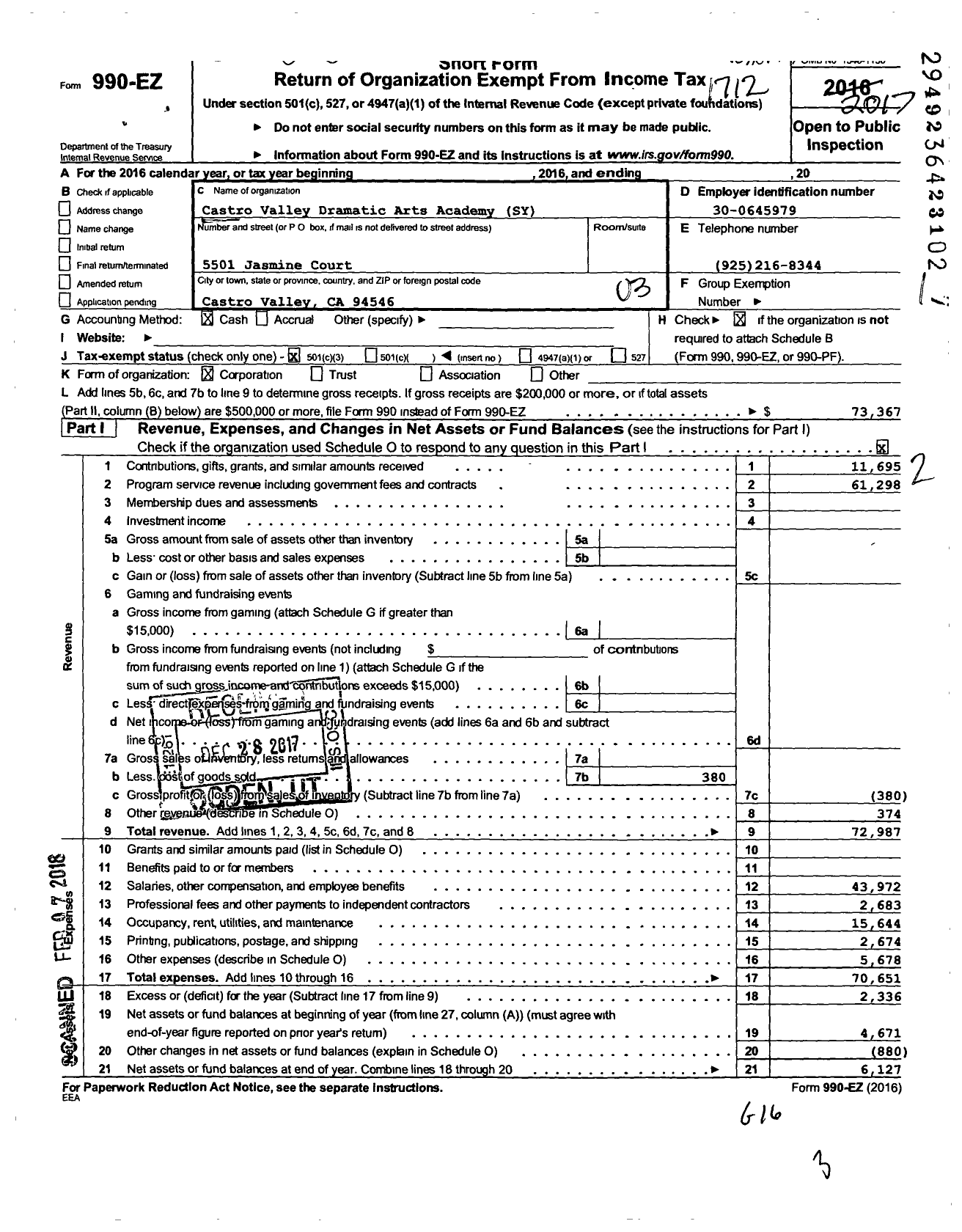 Image of first page of 2017 Form 990EZ for Castro Valley Dramatic Arts Academy