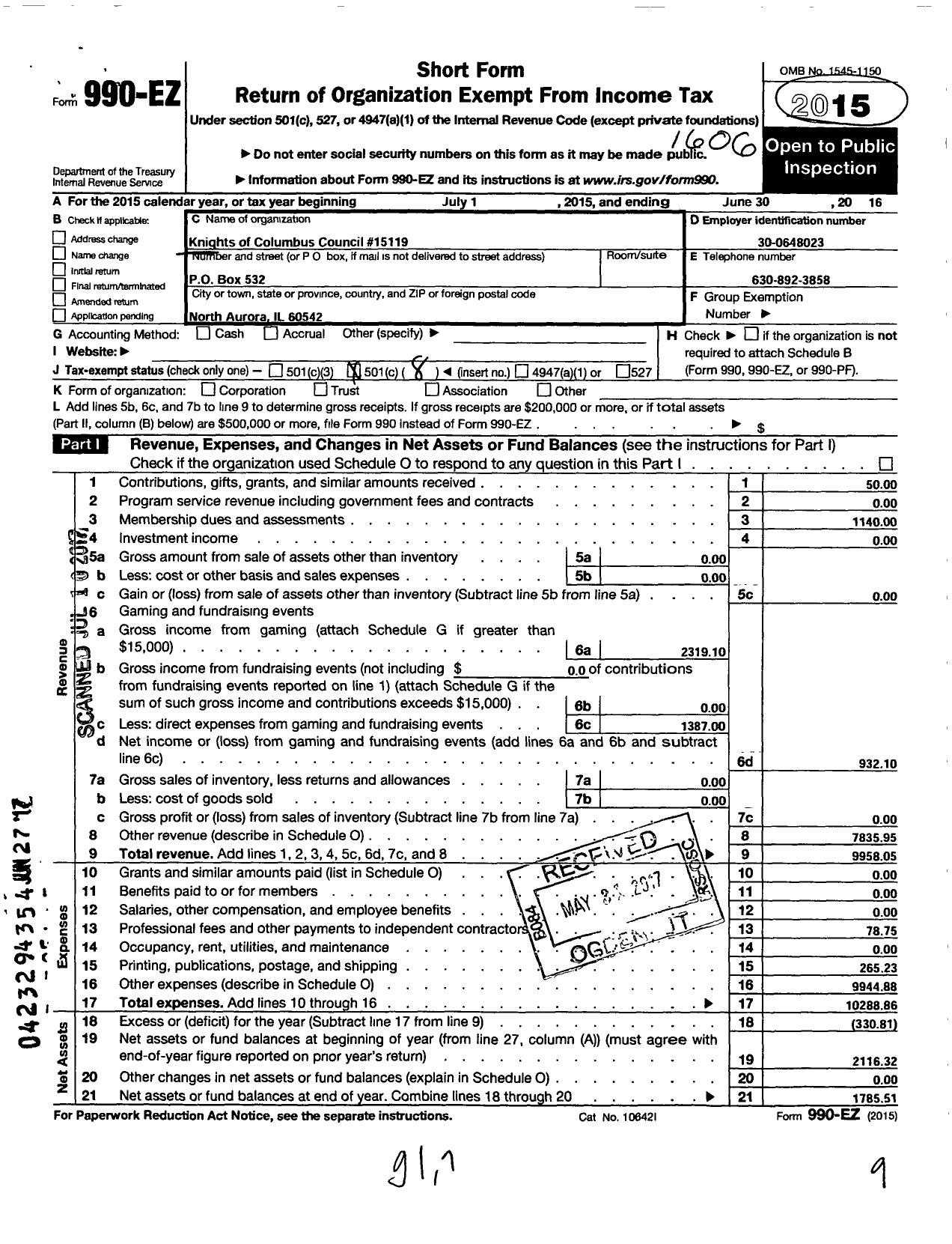 Image of first page of 2015 Form 990EO for Knights of Columbus - 15119 MSGR Edward S Wright Council