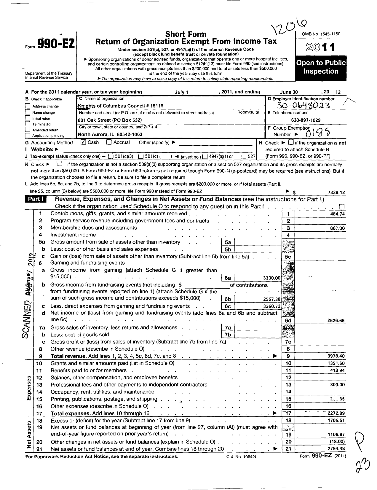 Image of first page of 2011 Form 990EO for Knights of Columbus - 15119 MSGR Edward S Wright Council