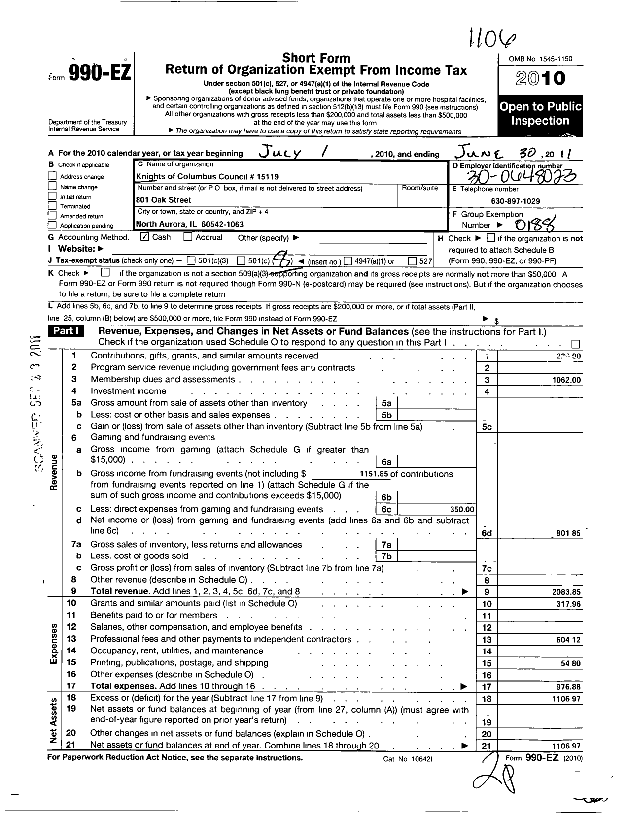 Image of first page of 2010 Form 990EO for Knights of Columbus - 15119 MSGR Edward S Wright Council