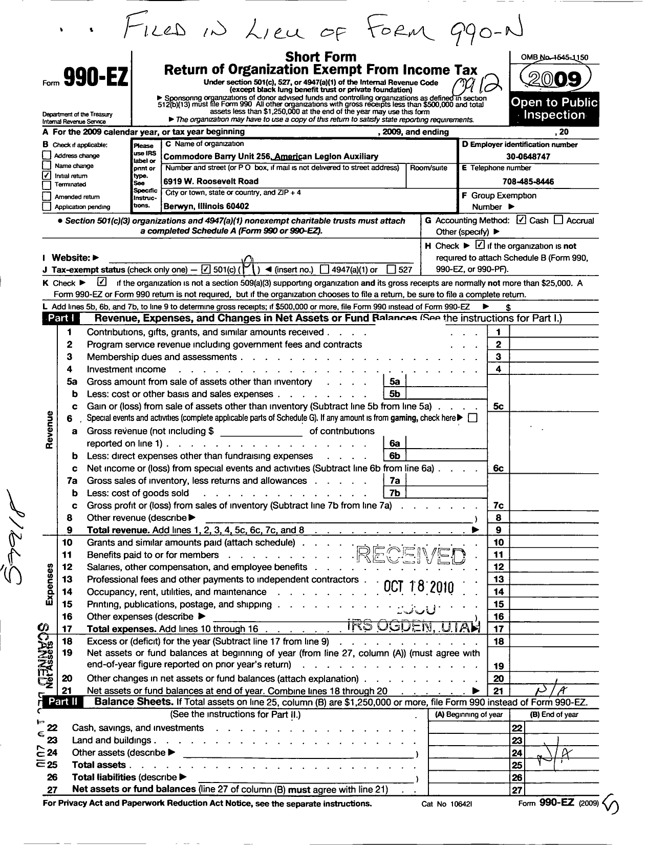 Image of first page of 2009 Form 990EO for American Legion