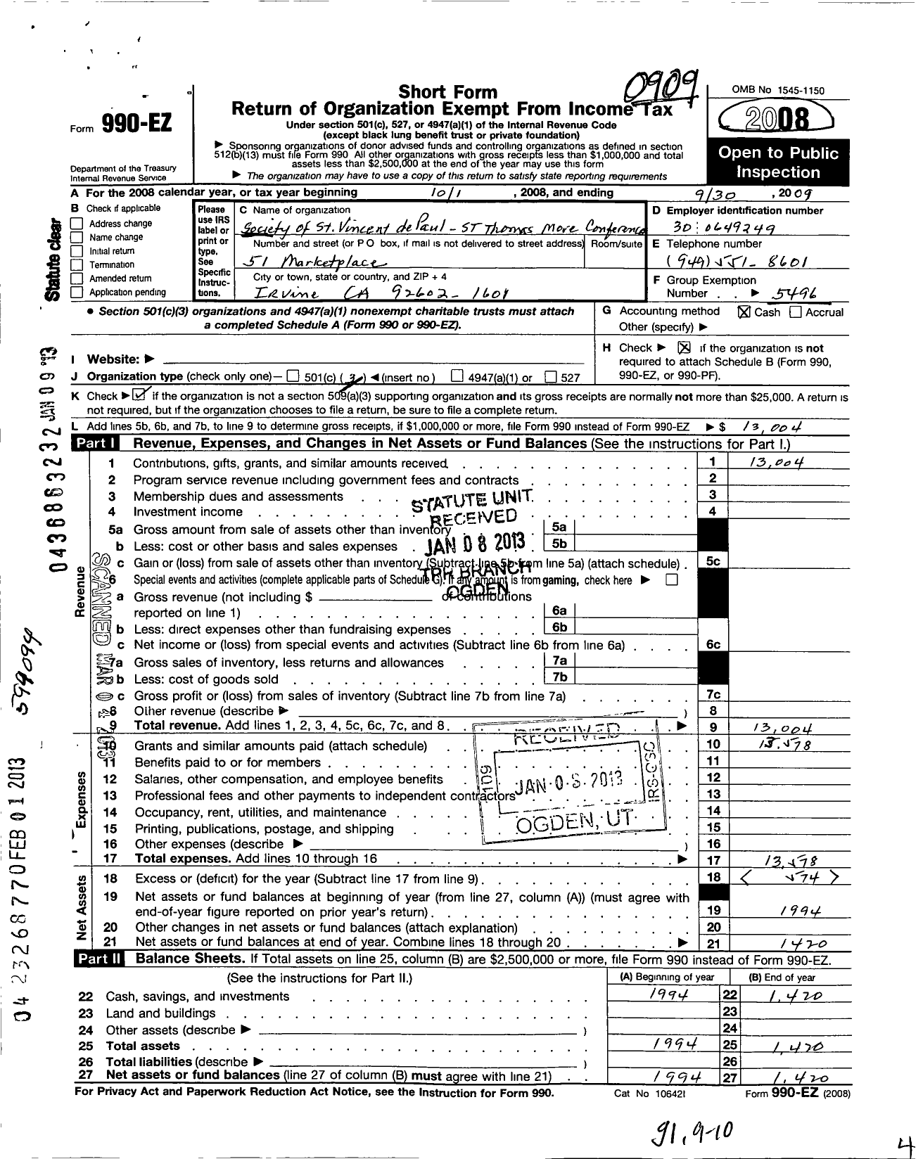 Image of first page of 2008 Form 990EZ for Society of ST Vincent DePaul - ST Thomas