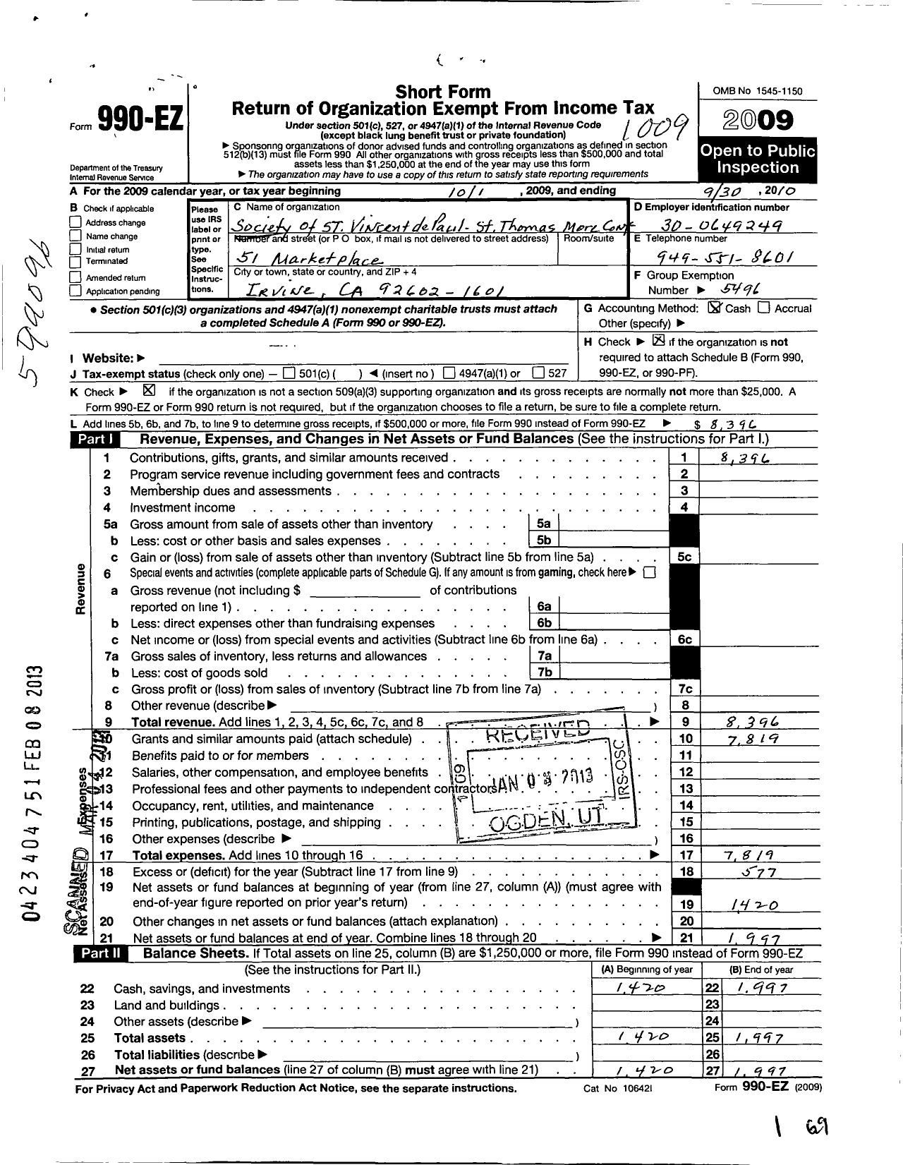 Image of first page of 2009 Form 990EO for Society of ST Vincent DePaul - ST Thomas