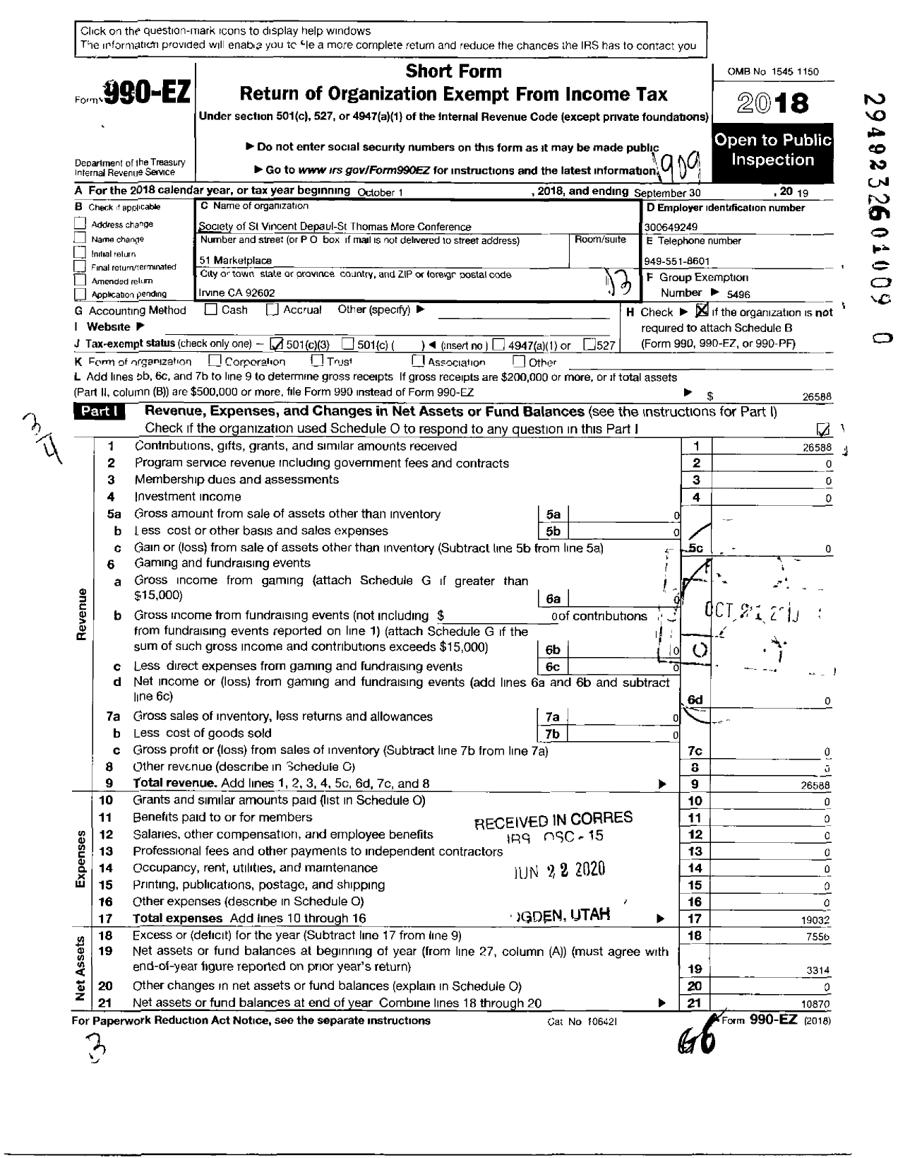 Image of first page of 2018 Form 990EZ for Society of ST Vincent DePaul - ST Thomas