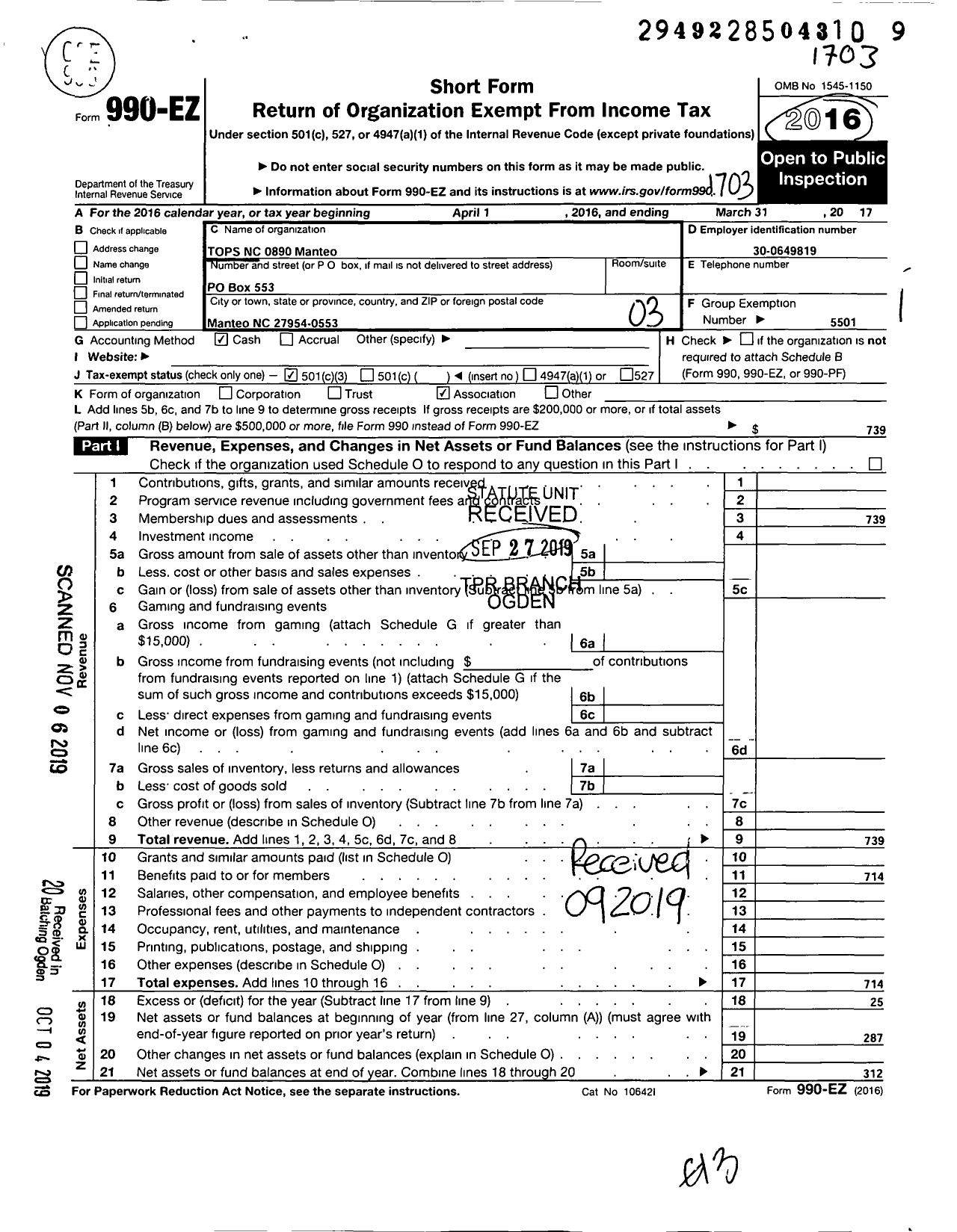 Image of first page of 2016 Form 990EZ for Tops NC 0890 Manteo