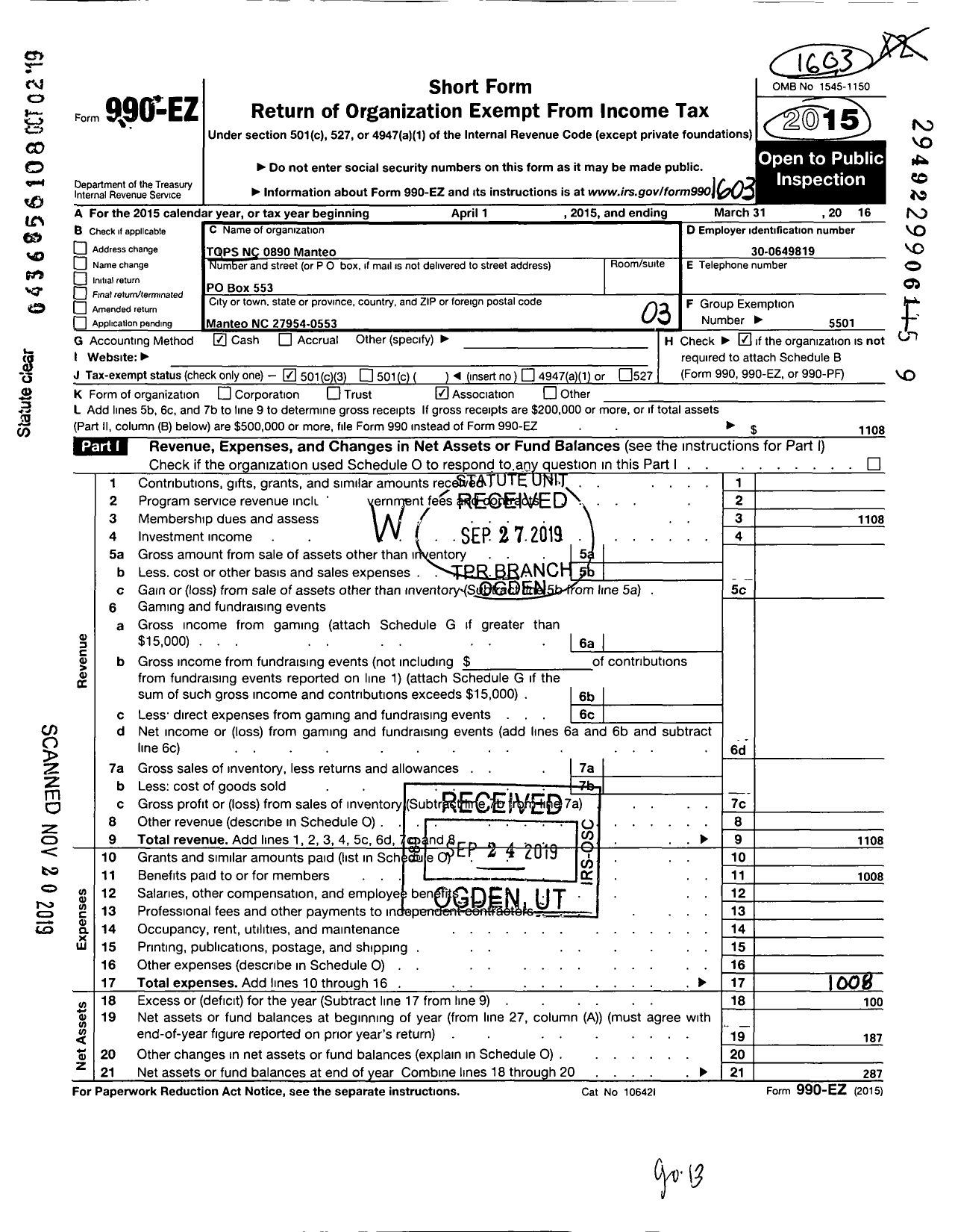 Image of first page of 2015 Form 990EZ for Tops NC 0890 Manteo