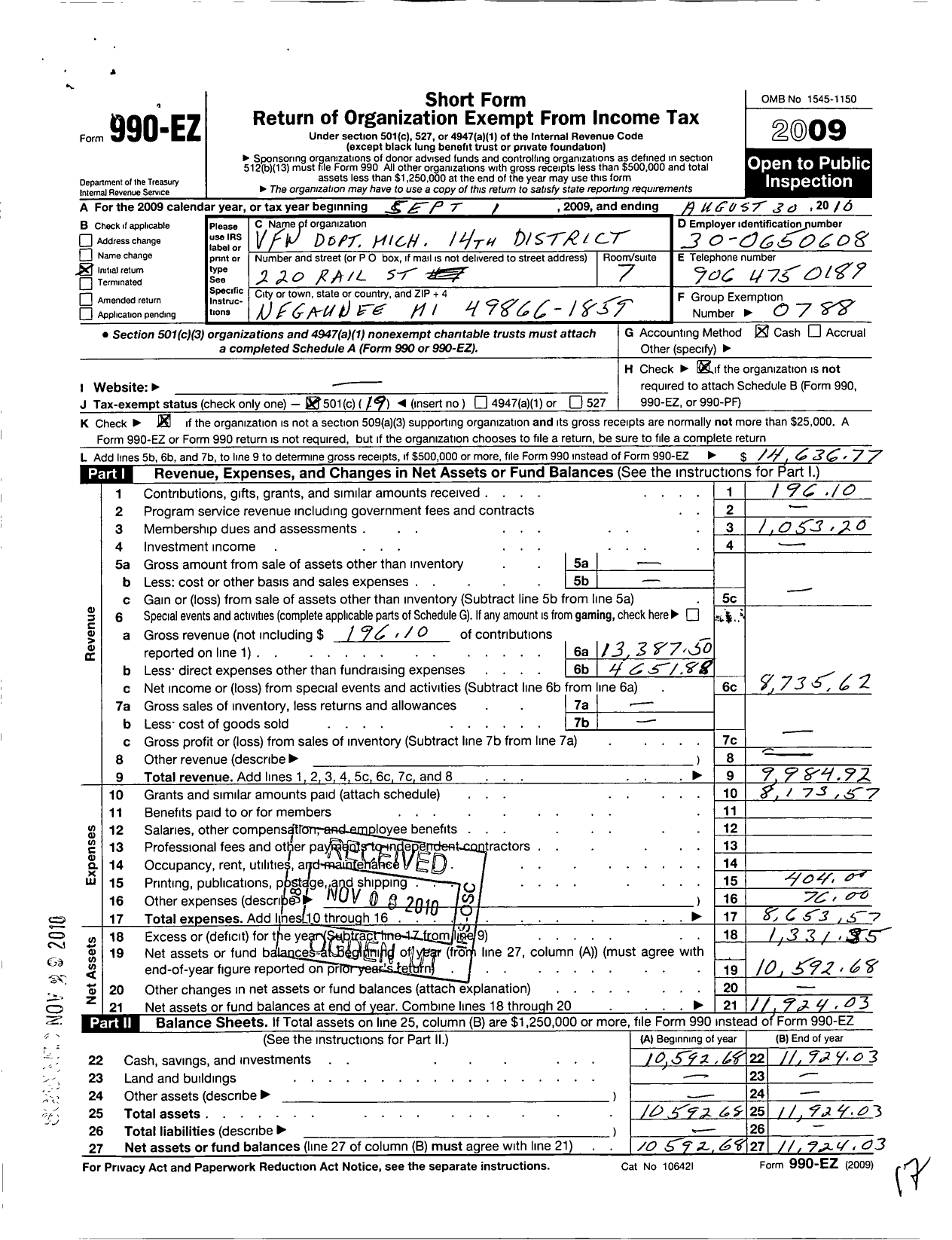 Image of first page of 2009 Form 990EO for VFW Department of Michigan - 14 District