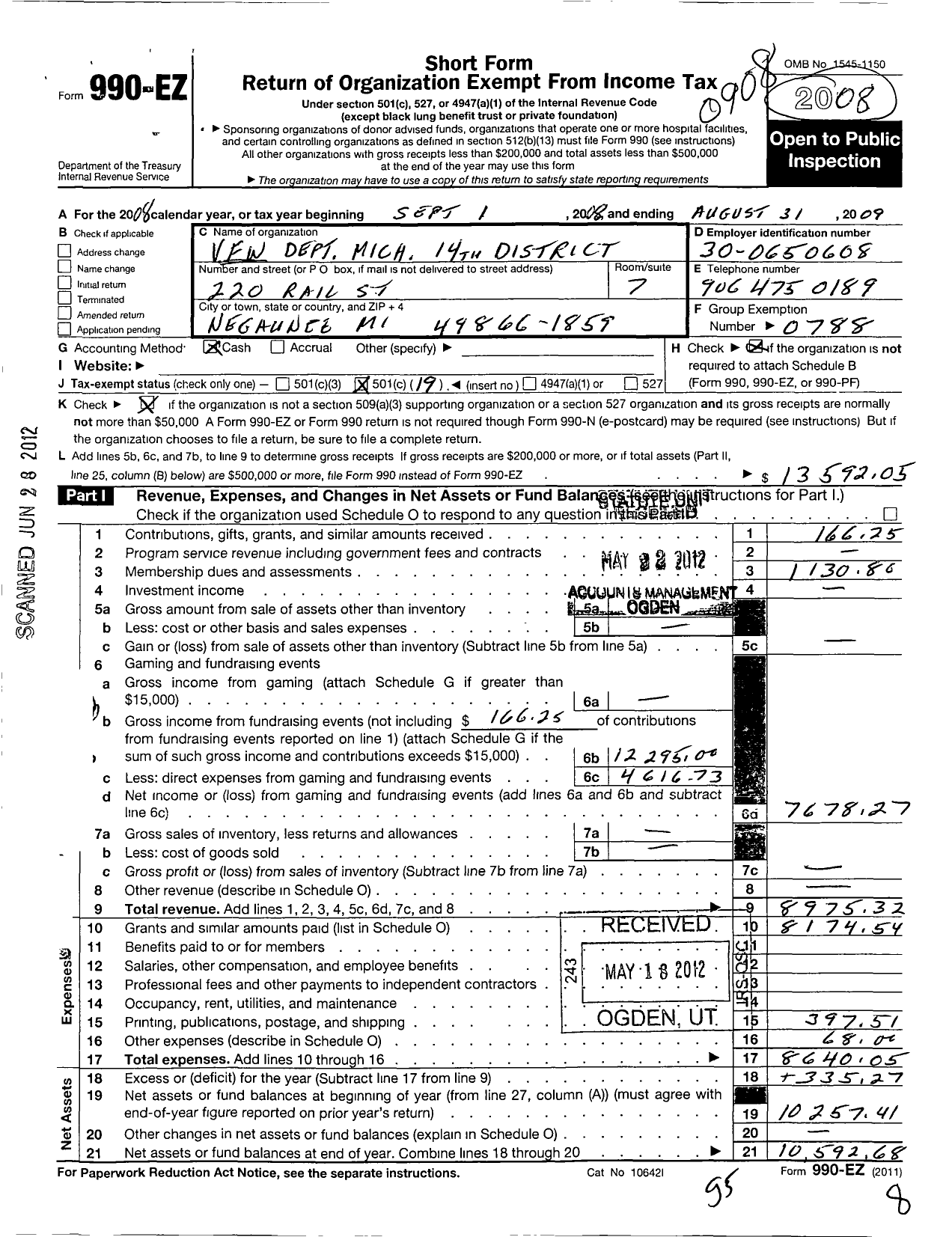 Image of first page of 2008 Form 990EO for VFW Department of Michigan - 14 District