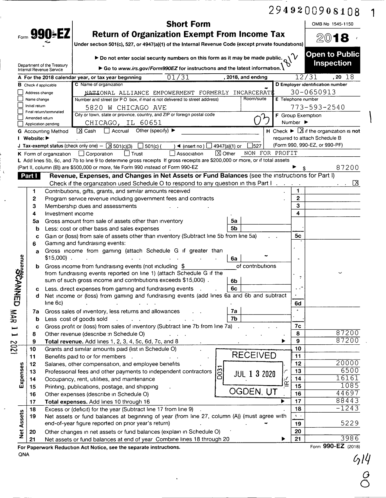 Image of first page of 2018 Form 990EZ for National Alliance and the Empowerment of the Incarcerate