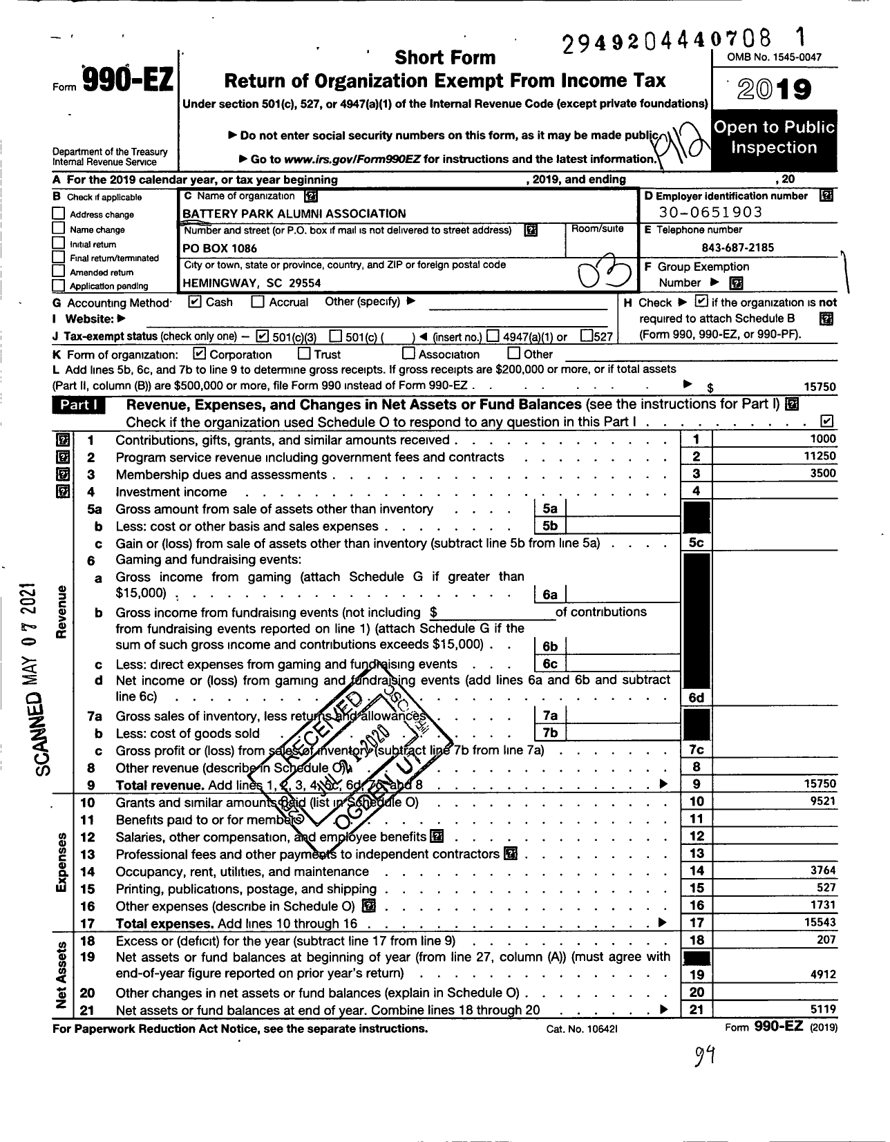 Image of first page of 2019 Form 990EZ for Battery Park Alumni Association