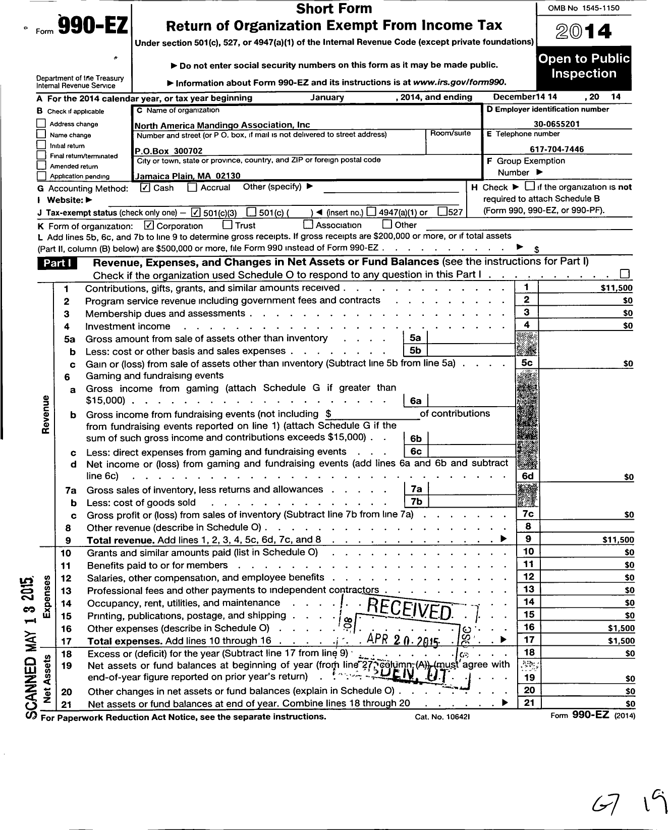 Image of first page of 2014 Form 990EZ for North America Mandingo Association