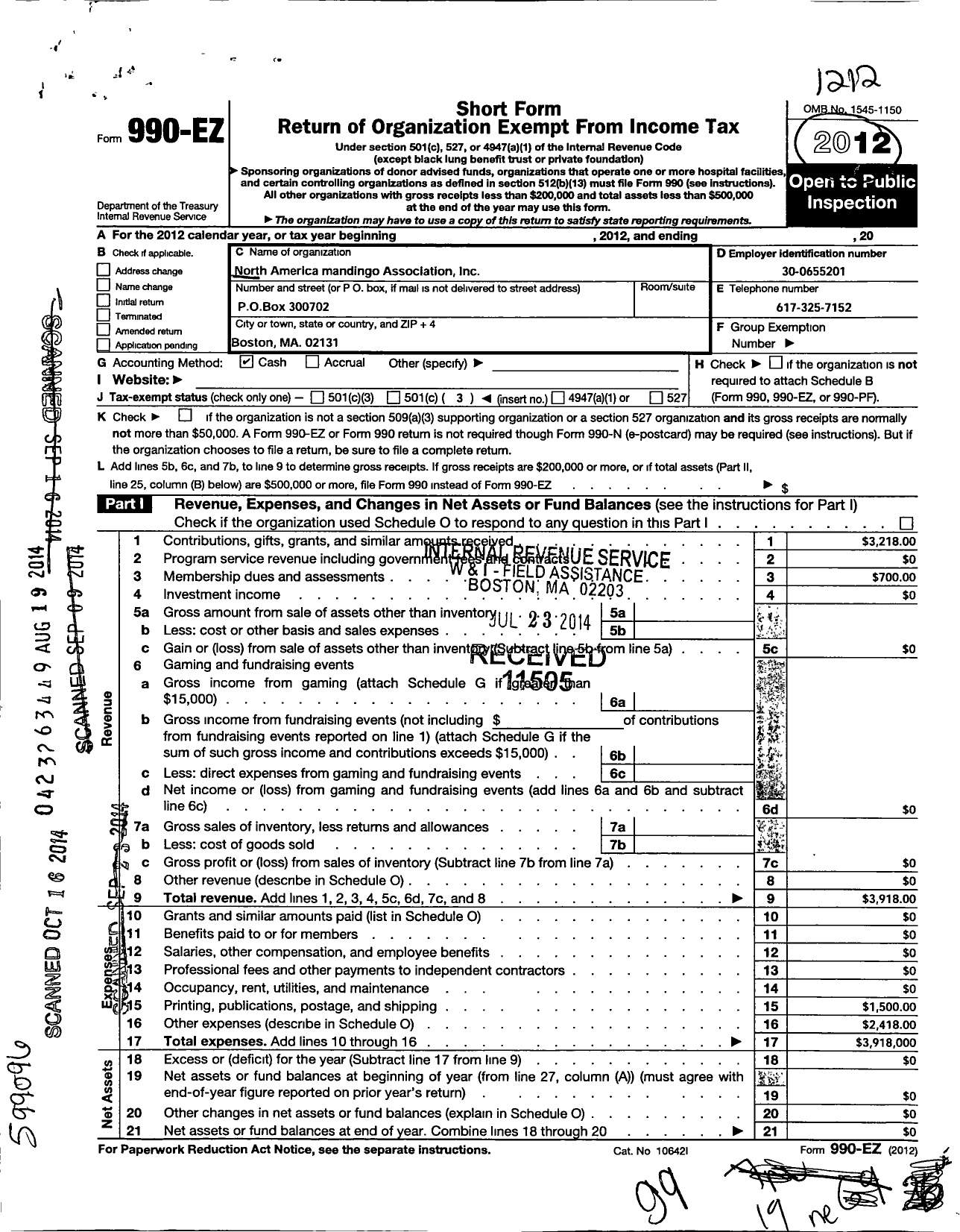 Image of first page of 2012 Form 990EZ for North America Mandingo Association