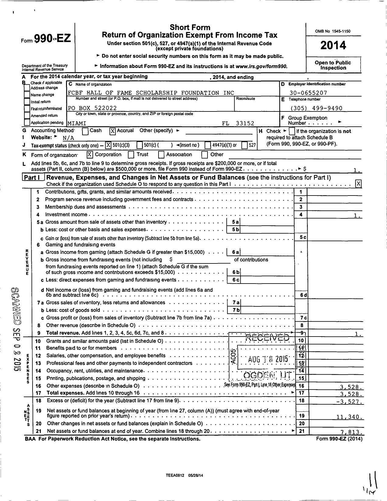 Image of first page of 2014 Form 990EZ for FCBF Hall of Fame Scholarship Foundation