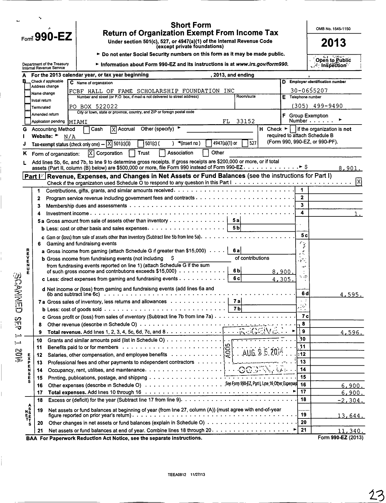 Image of first page of 2013 Form 990EZ for FCBF Hall of Fame Scholarship Foundation