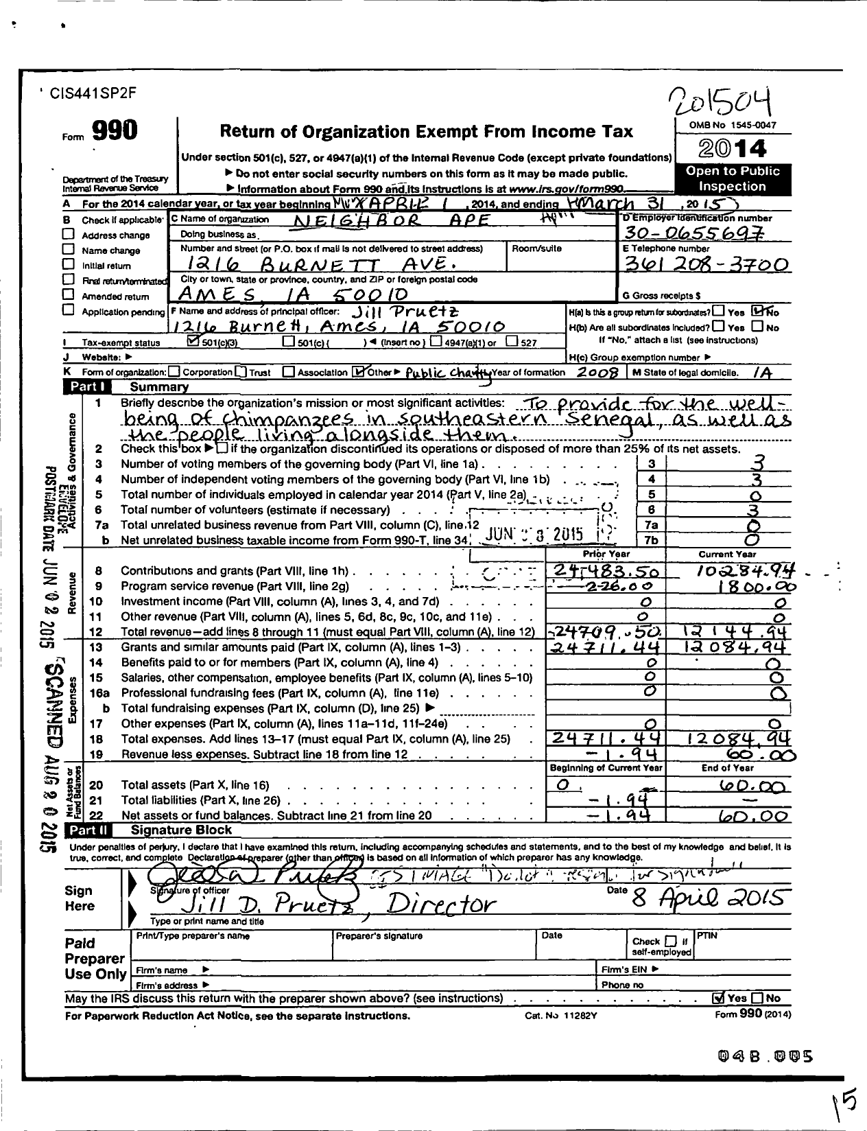 Image of first page of 2014 Form 990 for Neighbor Ape