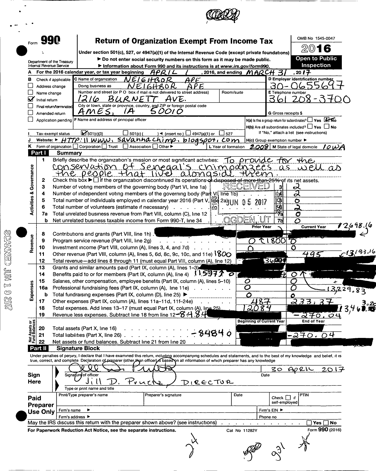 Image of first page of 2016 Form 990 for Neighbor Ape