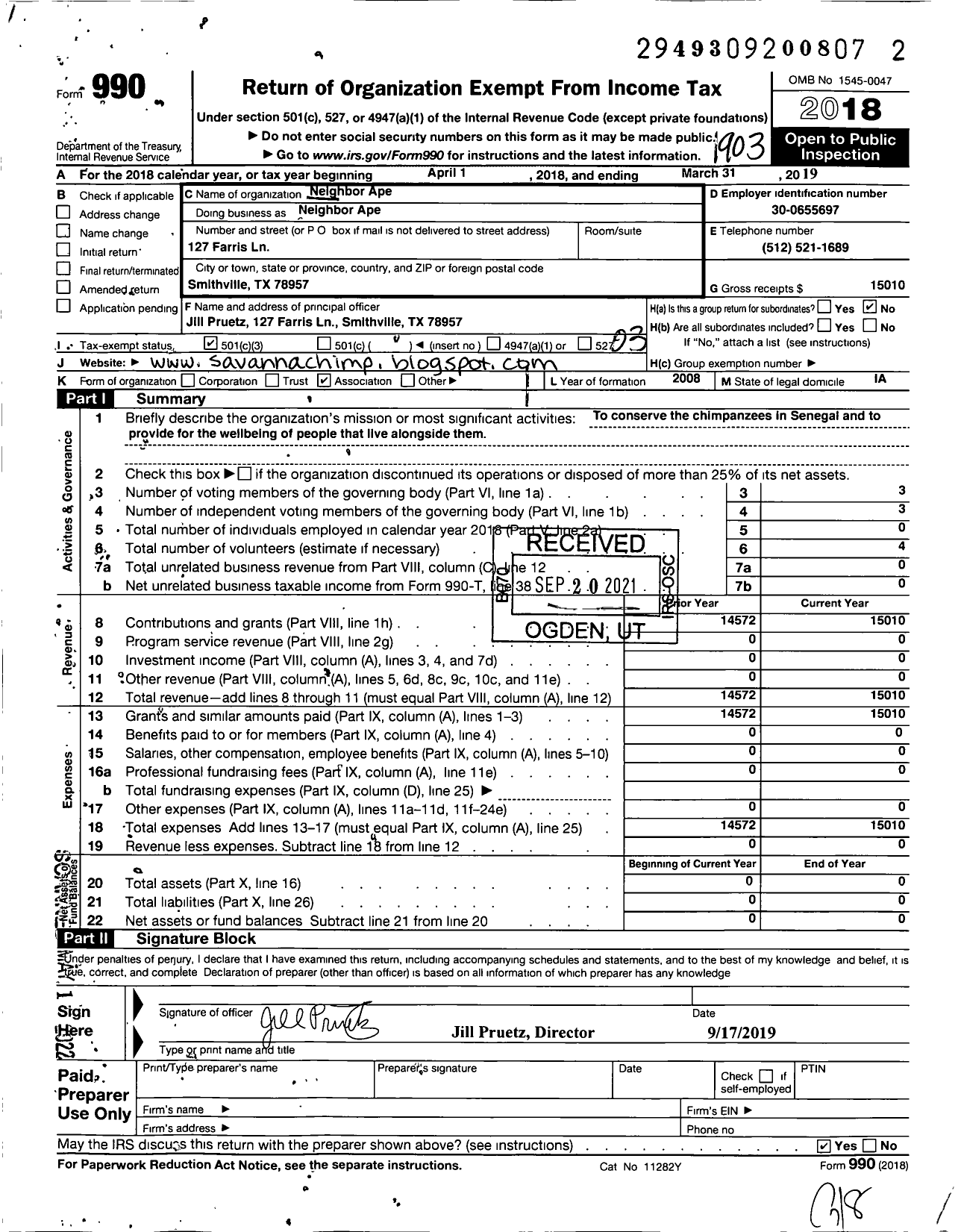 Image of first page of 2018 Form 990 for Neighbor Ape