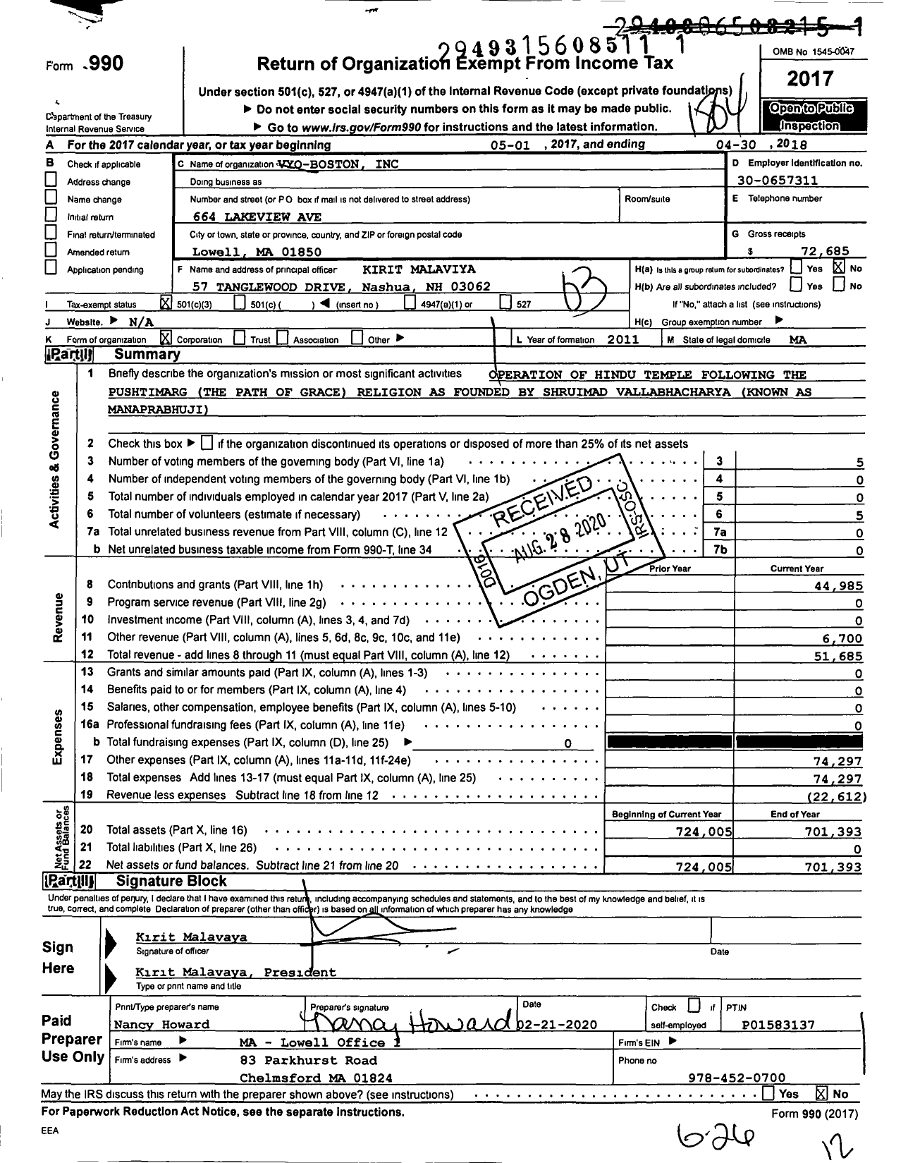 Image of first page of 2017 Form 990 for Vyo Boston