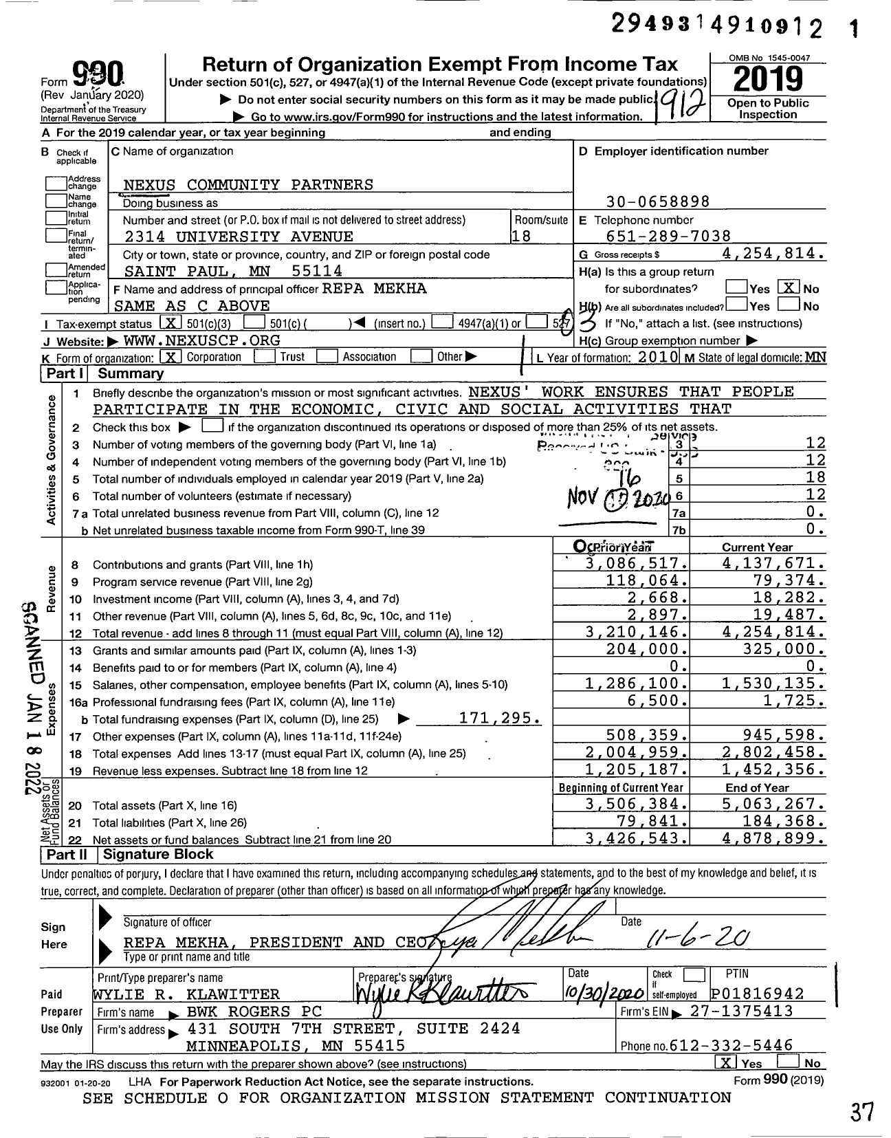 Image of first page of 2019 Form 990 for Nexus Community Partners