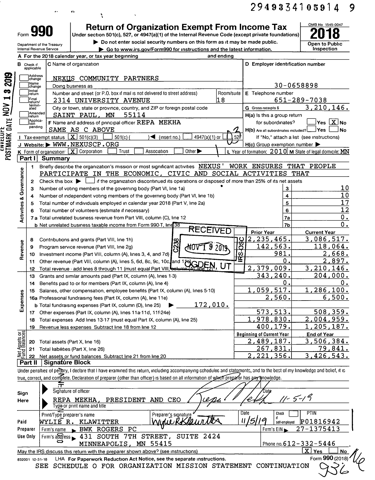 Image of first page of 2018 Form 990 for Nexus Community Partners
