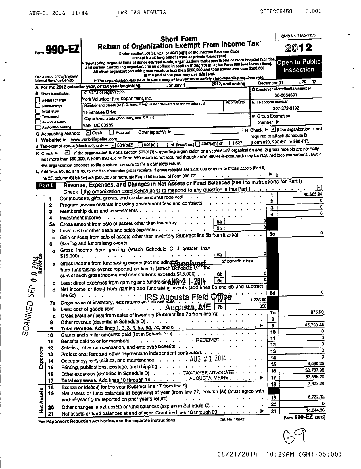 Image of first page of 2012 Form 990EZ for York Volunteer Fire Department