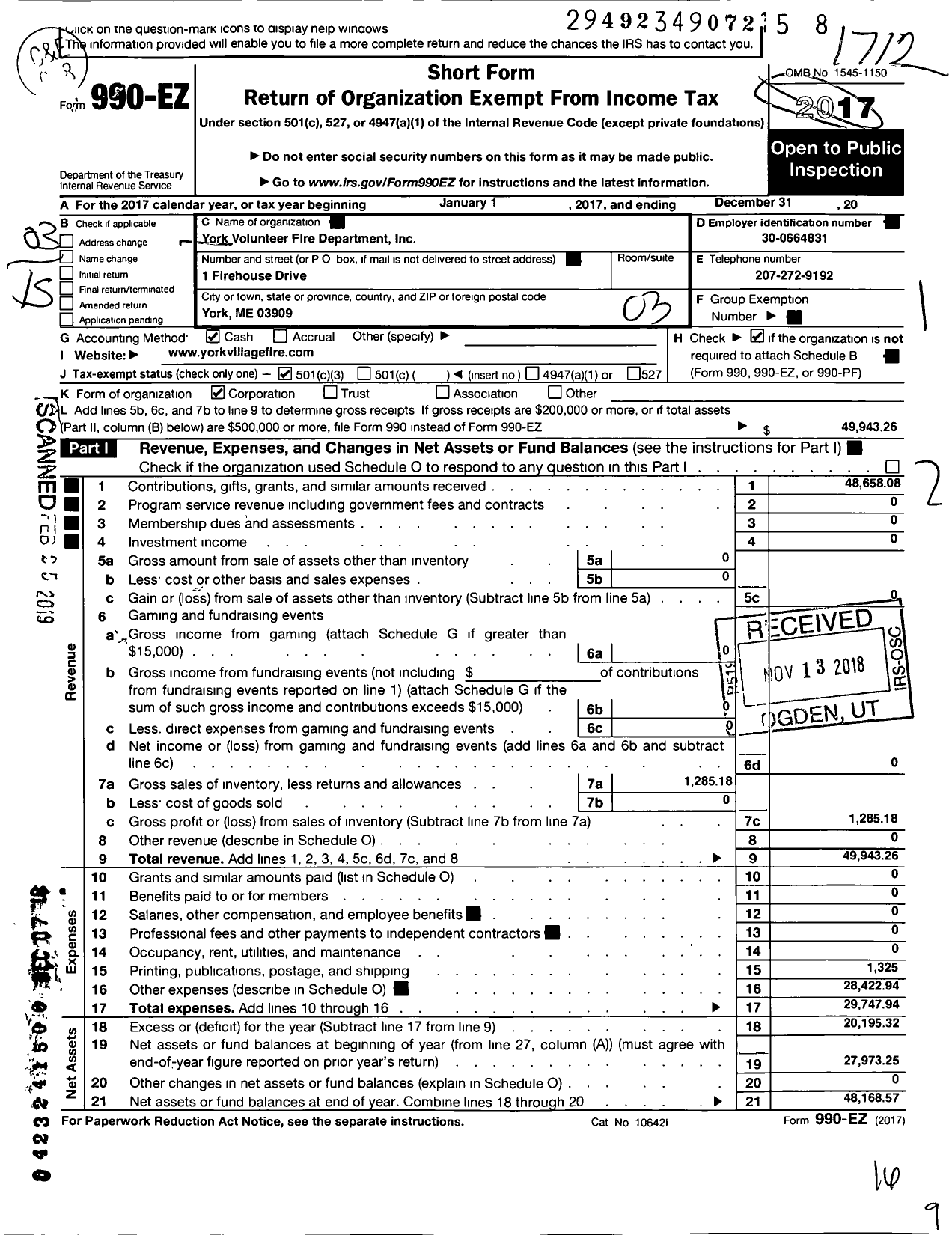 Image of first page of 2017 Form 990EZ for York Volunteer Fire Department