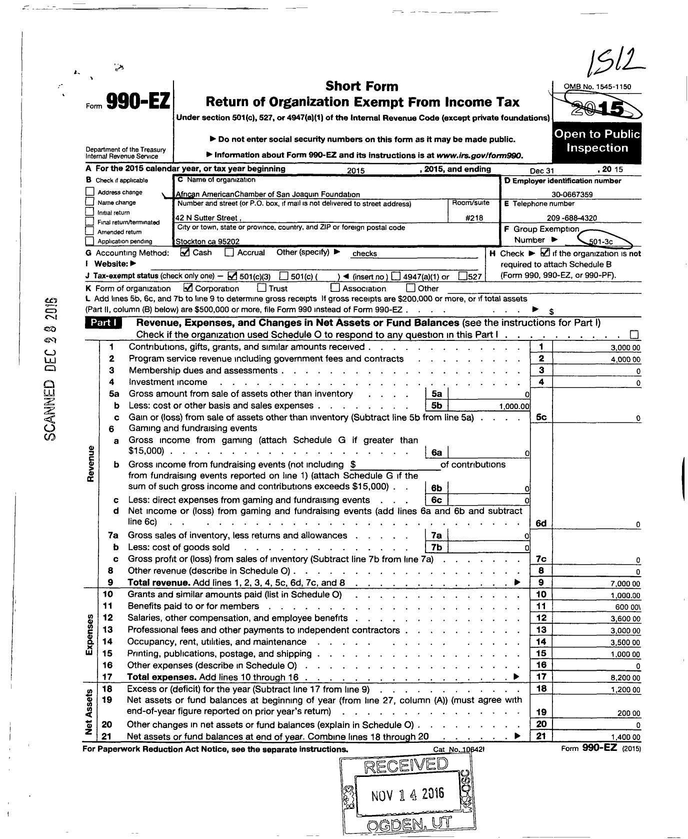 Image of first page of 2015 Form 990EZ for African American Chamber of San Joaquin Foundation